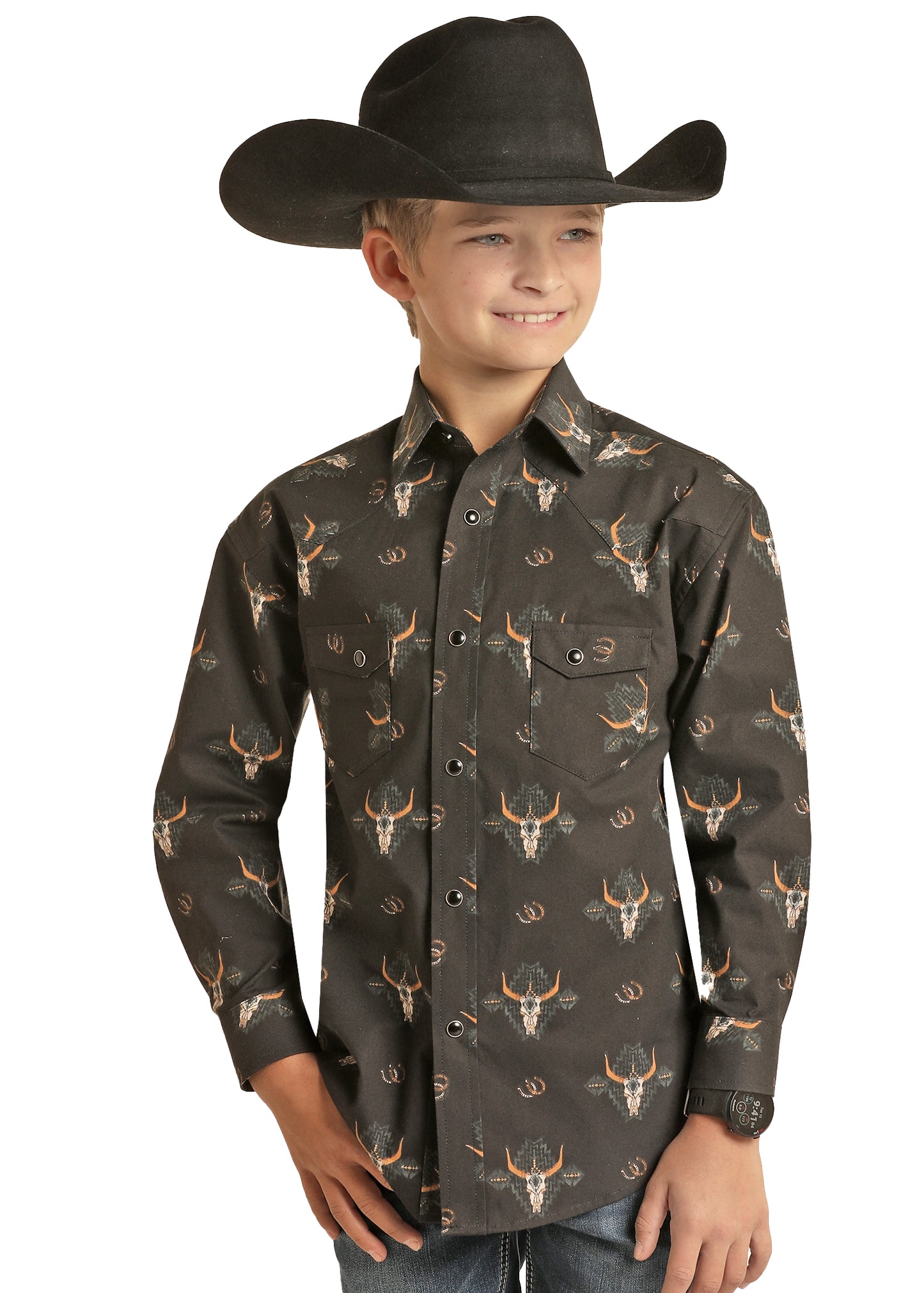 Rock & Roll Denim Boy's Long Sleeve Skull Aztec Vintage Snap Shirt Brown