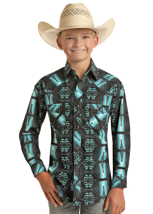 Rock & Roll Denim Boy's Modern Fit Aztec Woven Stretch Long Sleeve Snap Shirt Teal