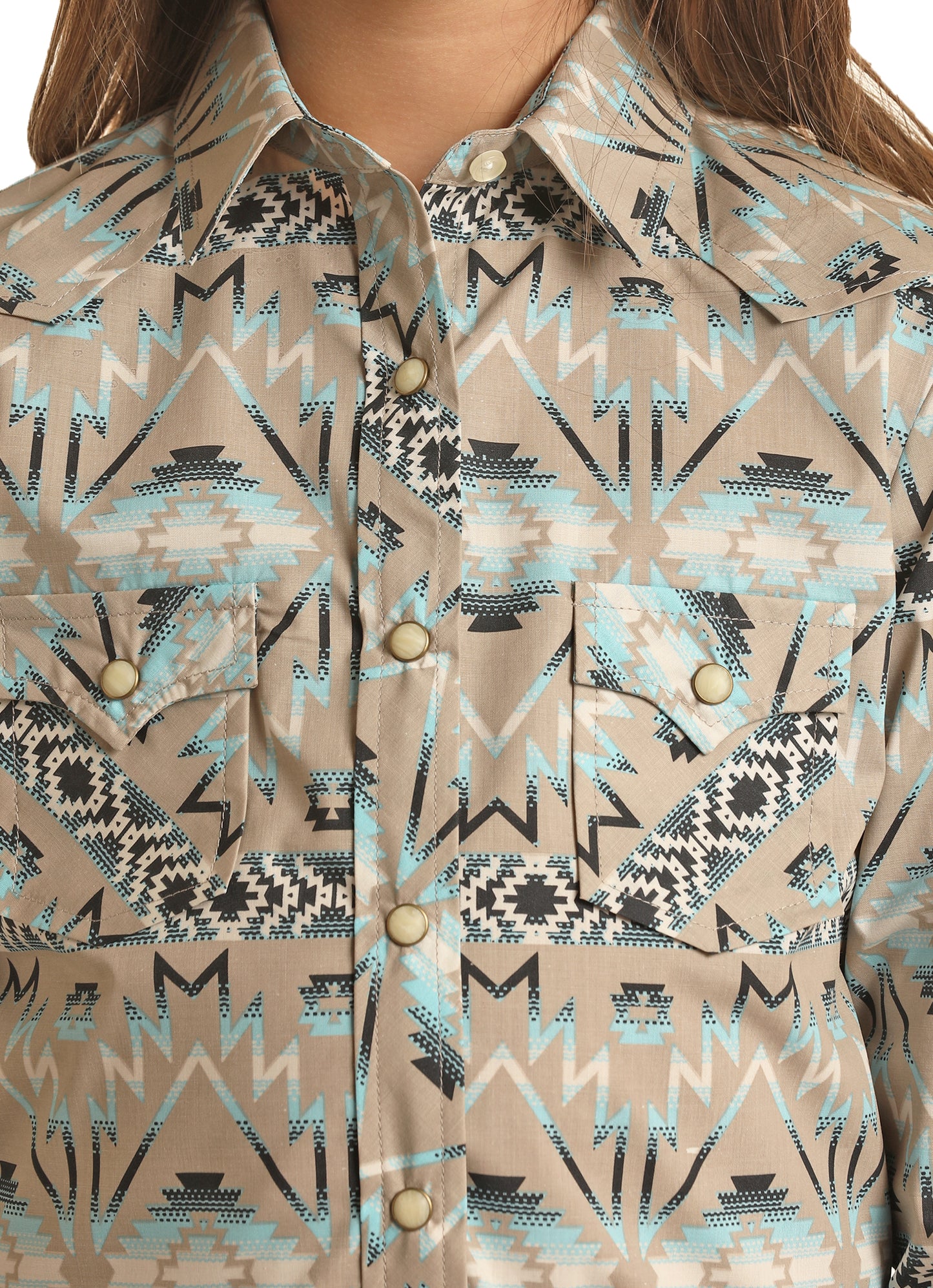 Rock & Roll Cowgirl Girl's Aztec Vintage Long Sleeve Snap Shirt Teal