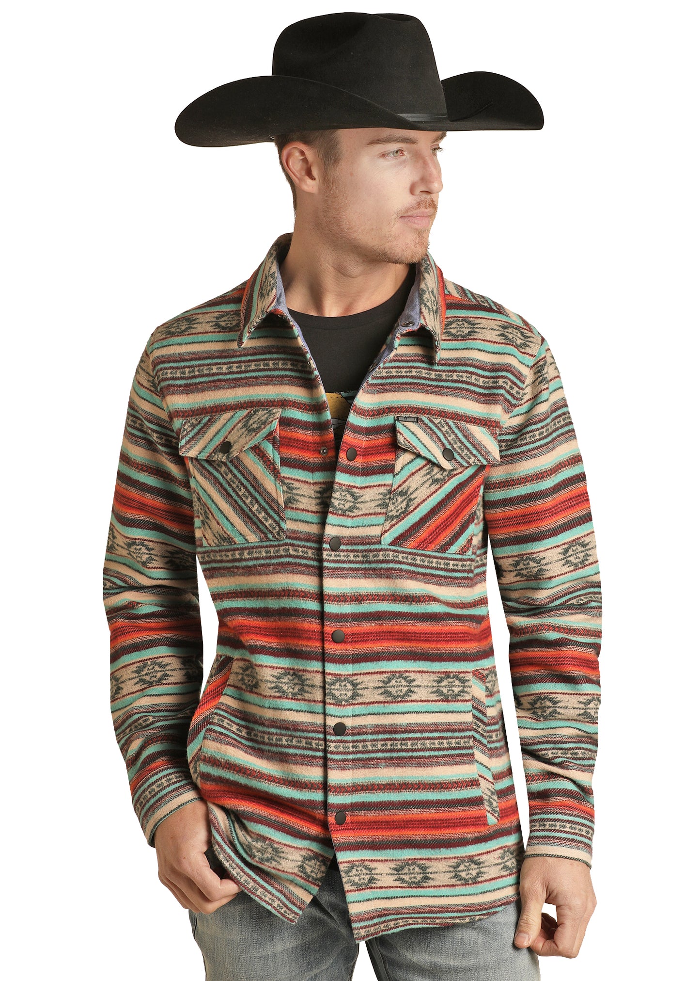Rock & Roll Denim Men's Cotton Aztec Print Shirt Jacket Jade