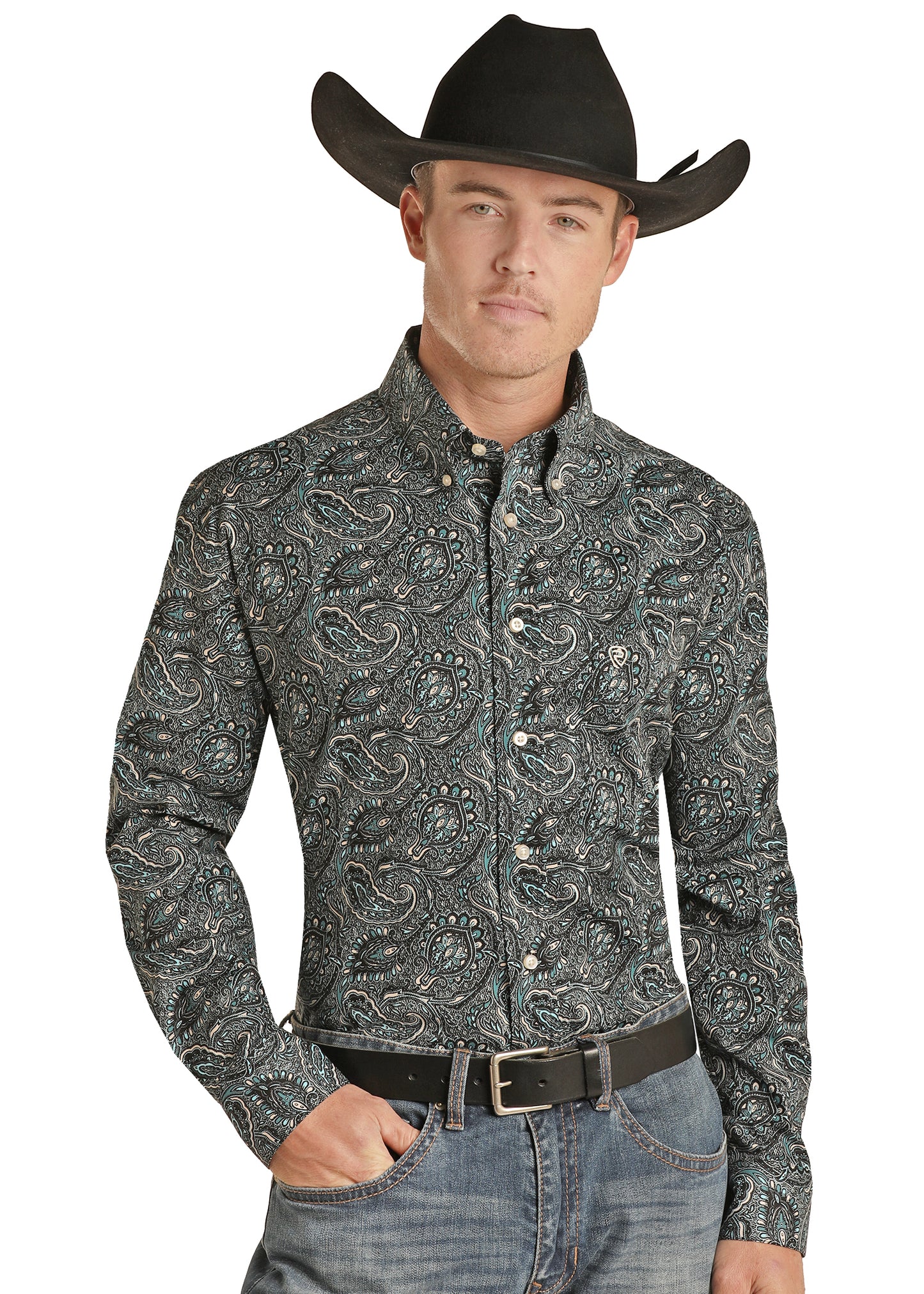 Rock & Roll Denim Men's Classic Fit Paisley Print Button Down Shirt Turquoise