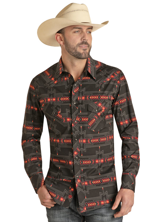 Rock & Roll Denim Men's Modern Fit Aztec Woven Long Sleeve Snap Shirt Orange