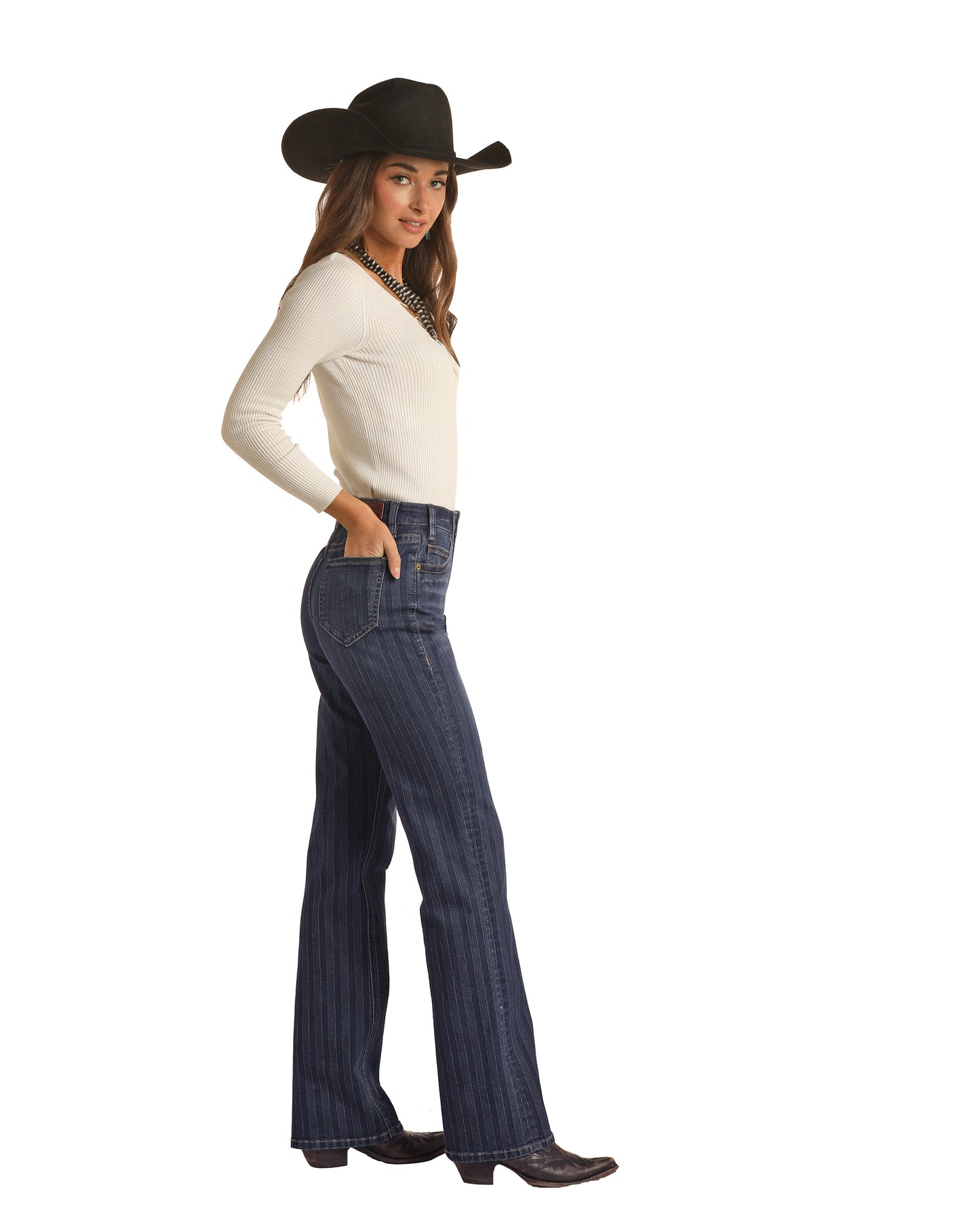 Rock & Roll Cowgirl Women's High Rise Jacquard Bootcut Jeans Dark Wash