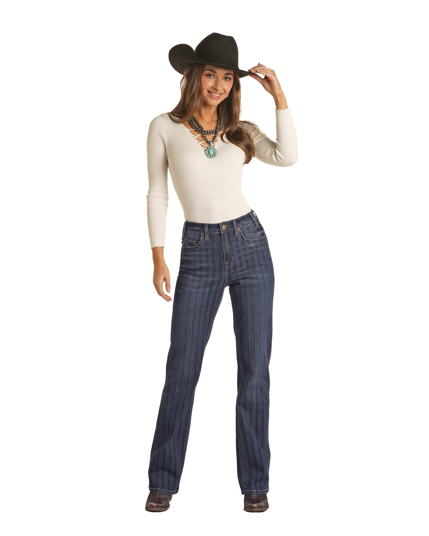 Rock & Roll Cowgirl Women's High Rise Jacquard Bootcut Jeans Dark Wash