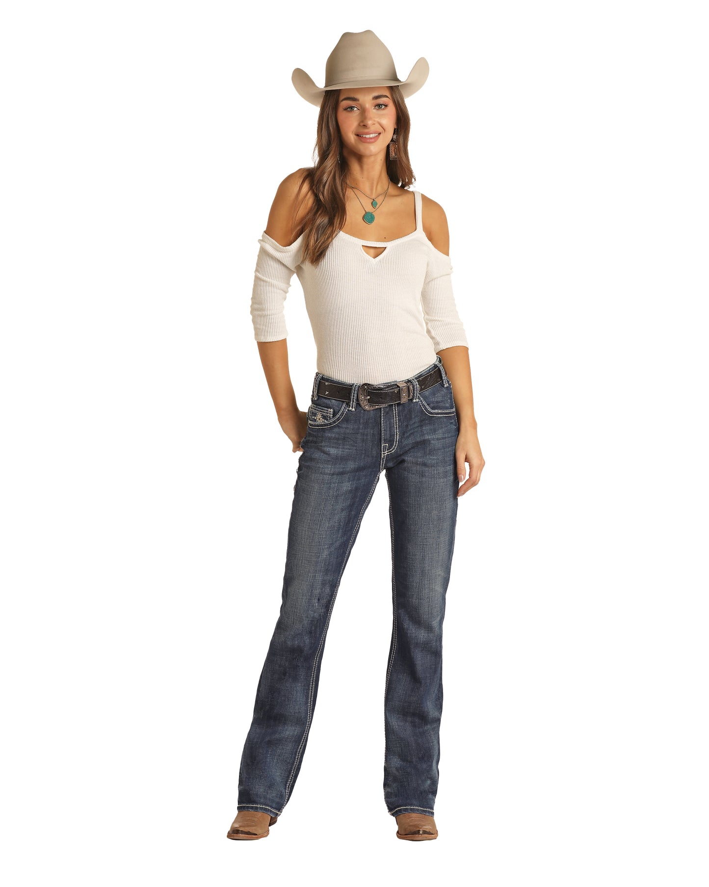 Rock & Roll Cowgirl Women's Mid Rise Longhorn Bootcut Jeans Medium Vintage Wash