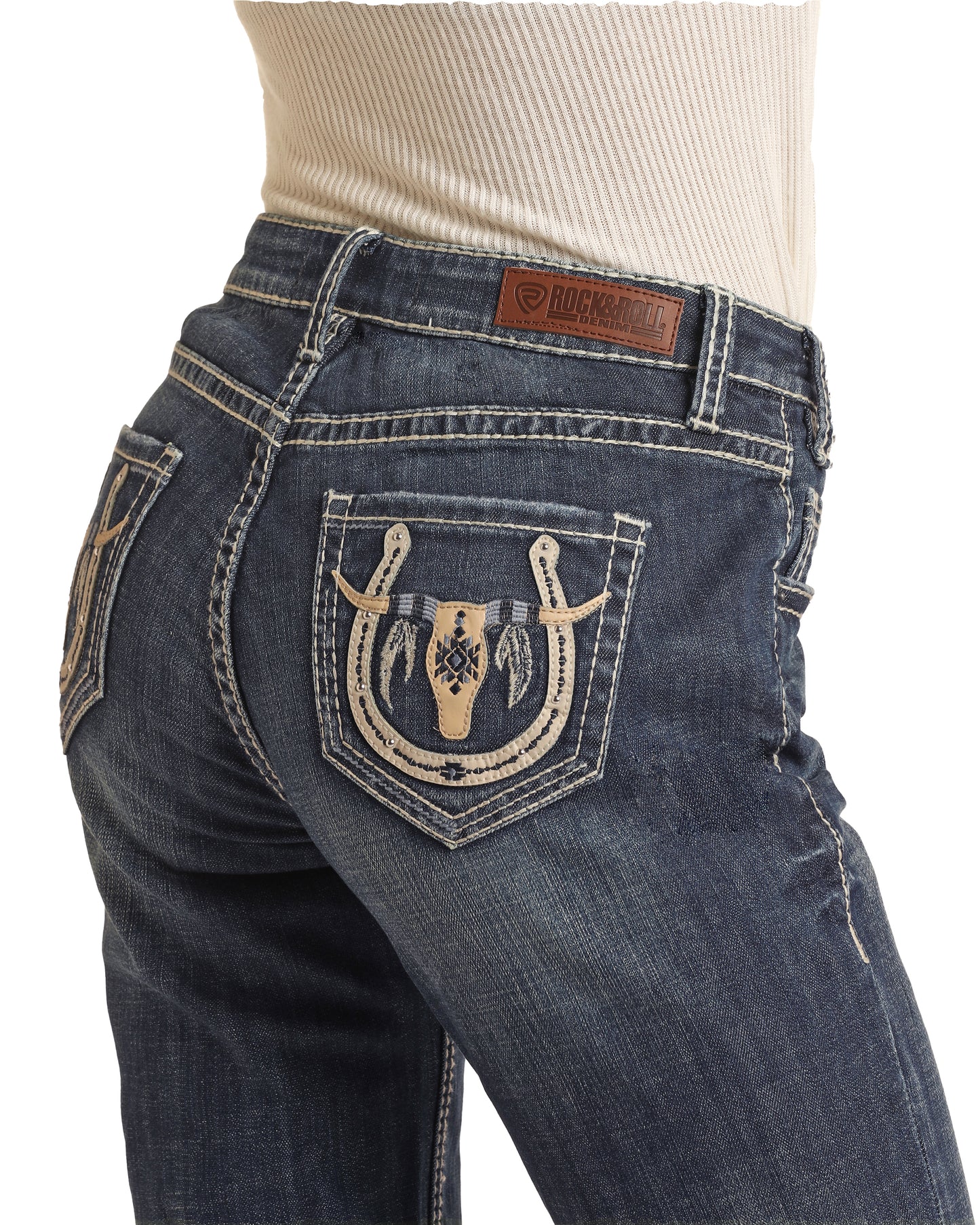 Rock & Roll Cowgirl Women's Mid Rise Longhorn Bootcut Jeans Medium Vintage Wash