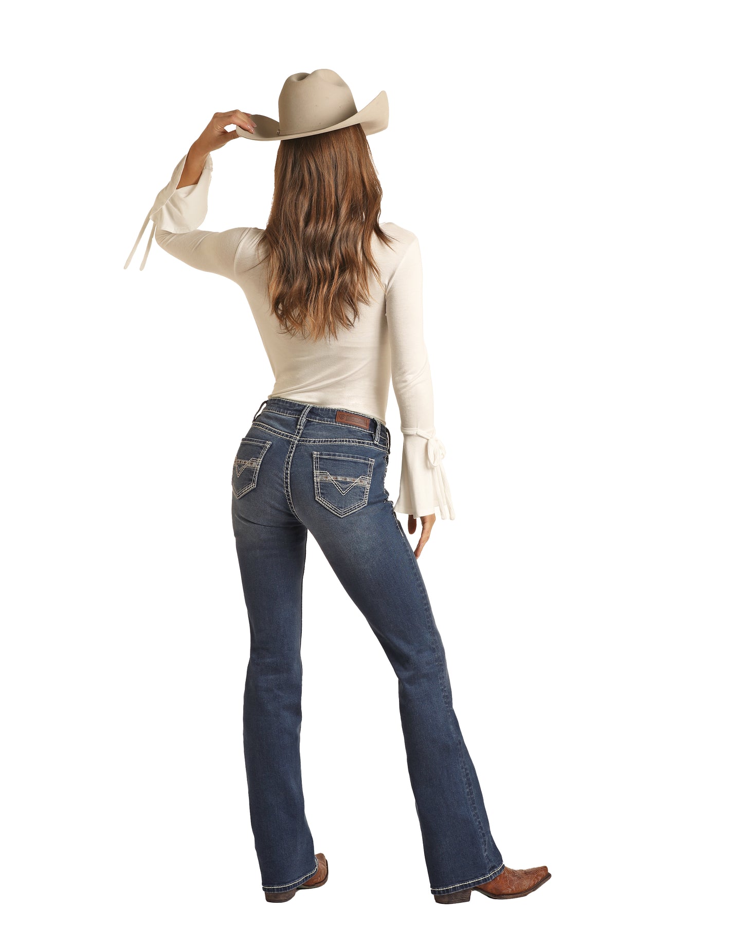 Rock & Roll Cowgirl Women's Mid Rise Ivory & Gold Emb Bootcut Jeans Medium Wash
