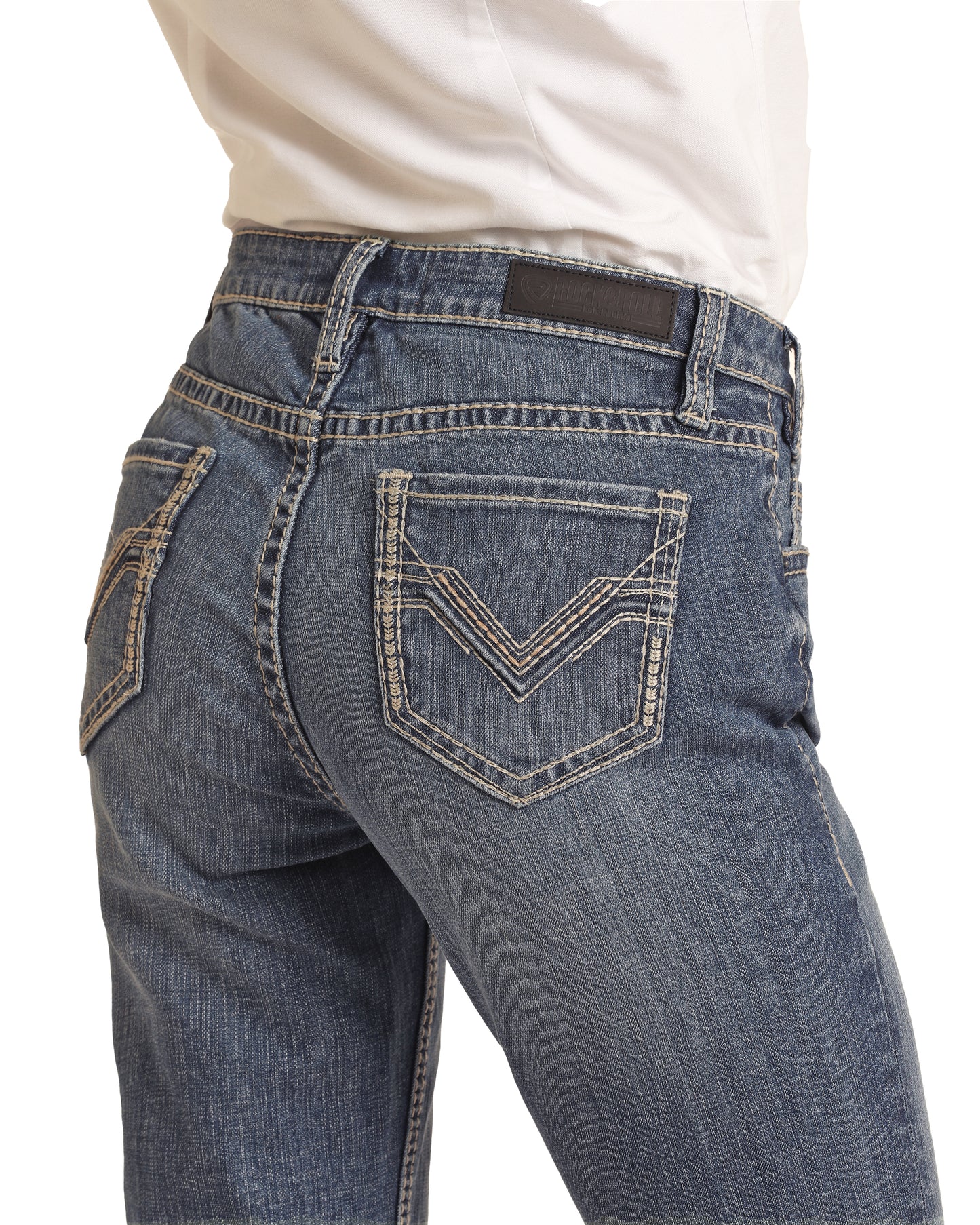 Rock & Roll Cowgirl Women's Reverse Denim Ivory Emblem Riding Jeans Medium Wash