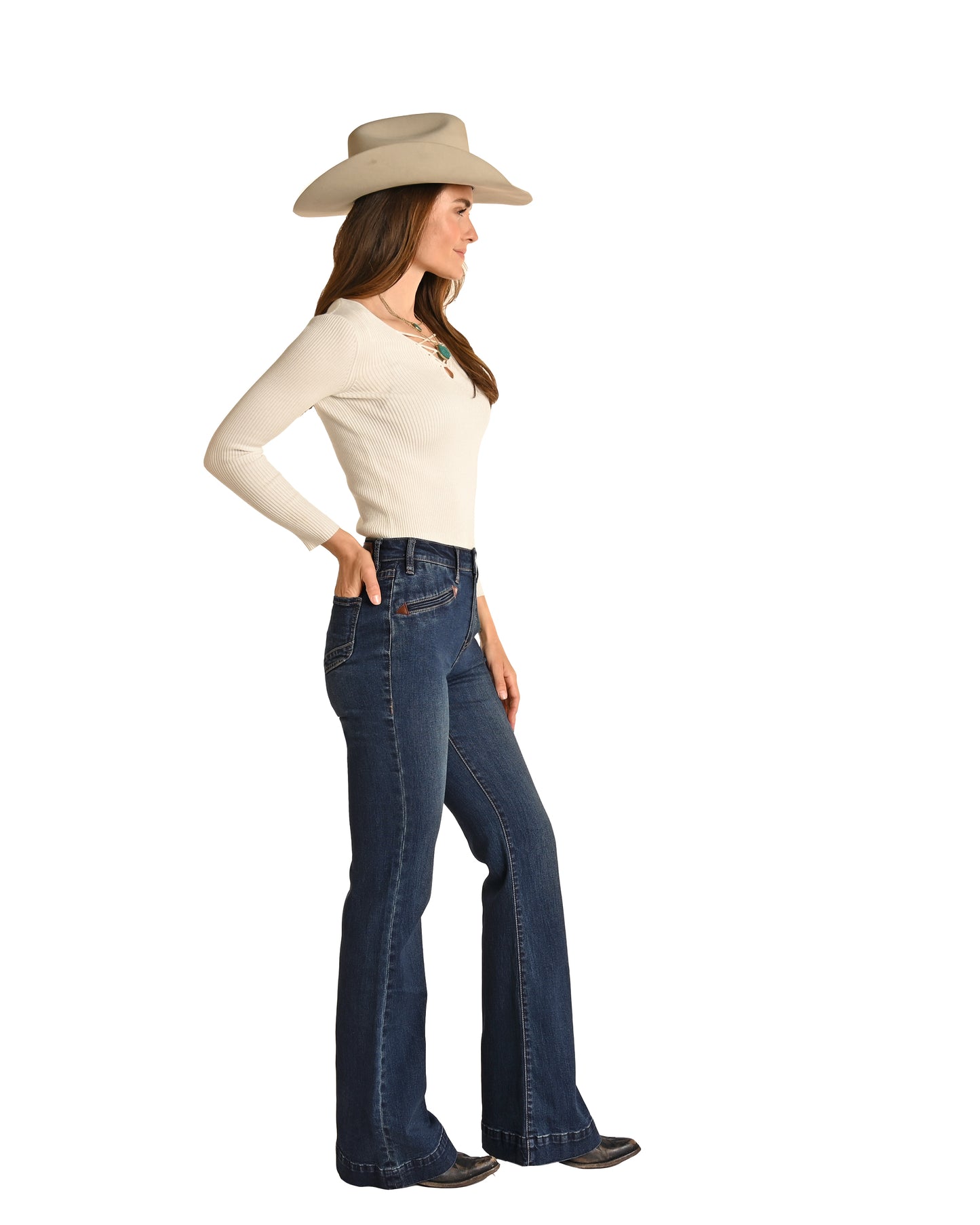 Rock & Roll Cowgirl Women's High Rise Extra Stretch Smiley Pocket Trouser Jeans Dark Wash