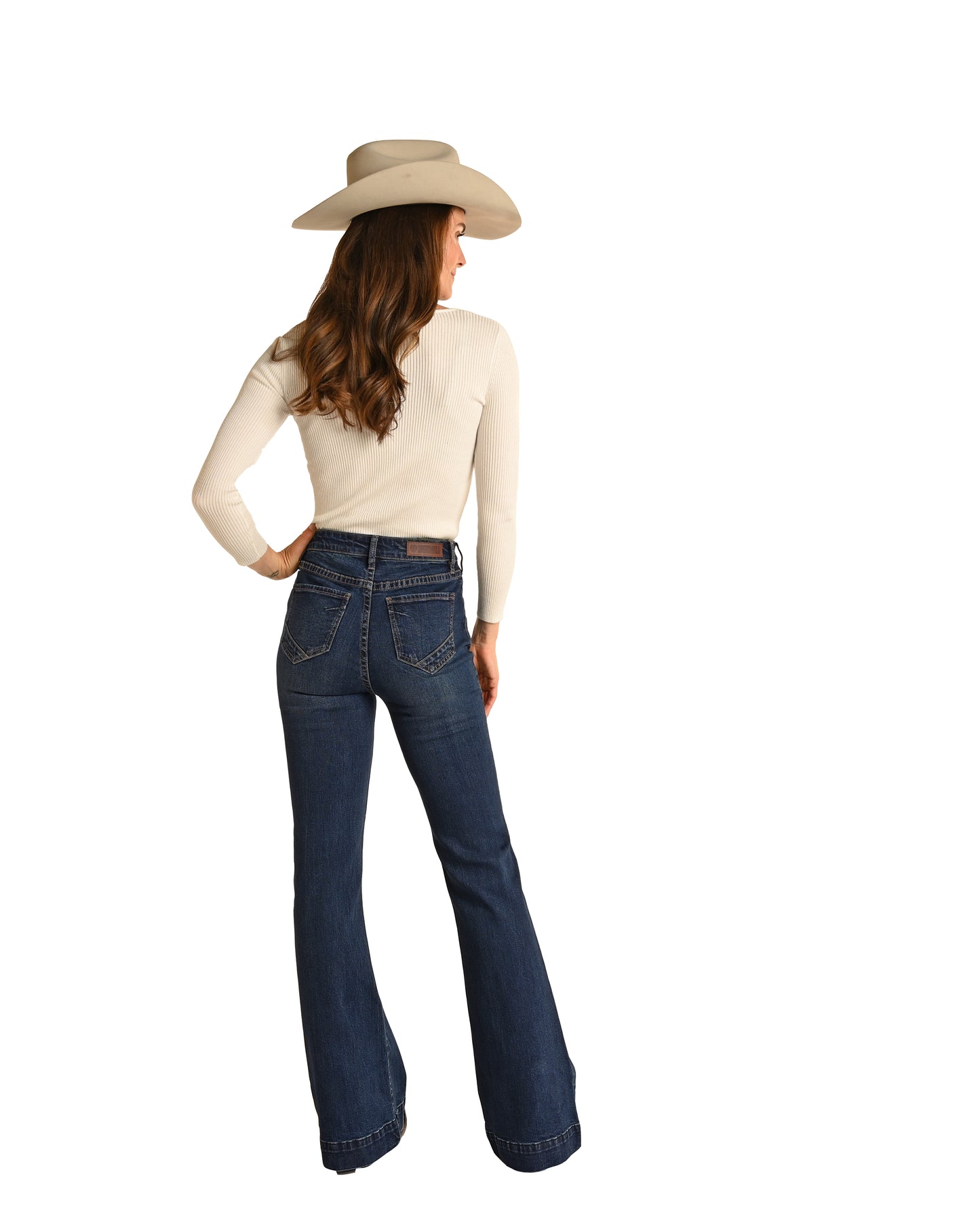 Rock & Roll Cowgirl Women's High Rise Extra Stretch Smiley Pocket Trouser Jeans Dark Wash