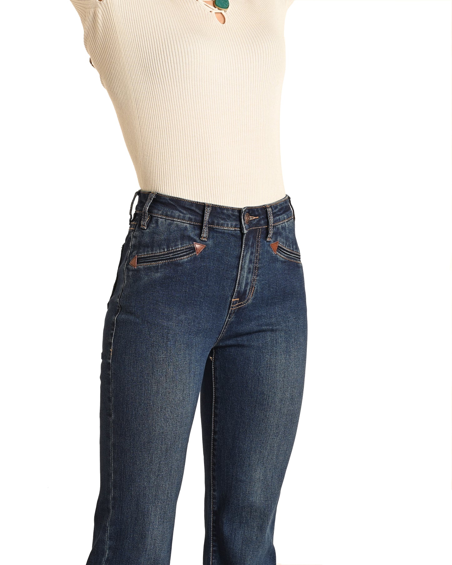 Rock & Roll Cowgirl Women's High Rise Extra Stretch Smiley Pocket Trouser Jeans Dark Wash