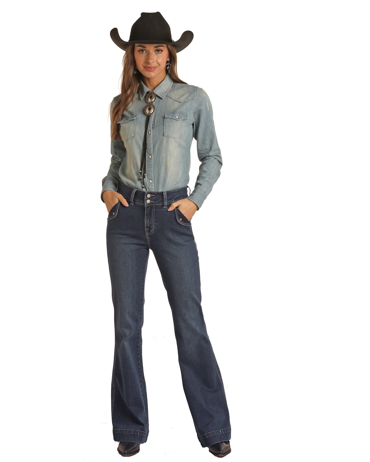 Rock & Roll Cowgirl Women's High Rise Extra Stretch Front Flap Pocket Trouser Jeans Dark Vintage Wash