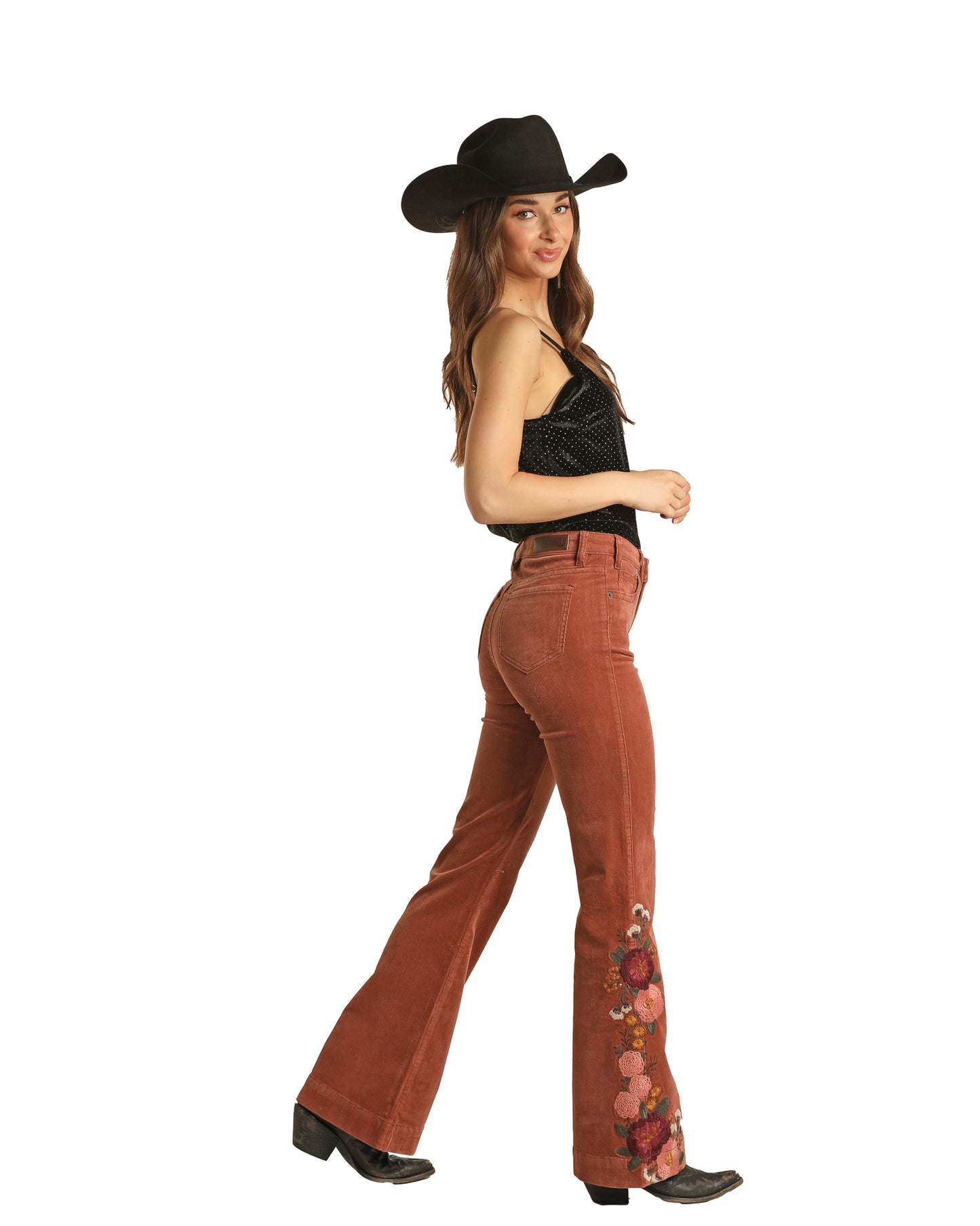 Rock & Roll Cowgirl Women's High Rise Extra Stretch Corduroy Embroidered Trouser Rust