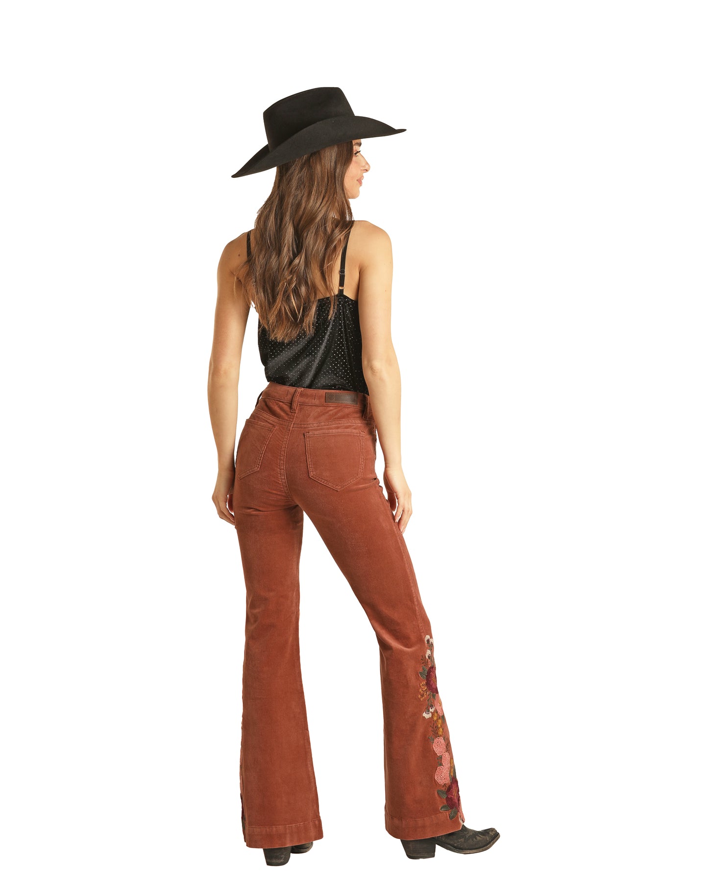 Rock & Roll Cowgirl Women's High Rise Extra Stretch Corduroy Embroidered Trouser Rust