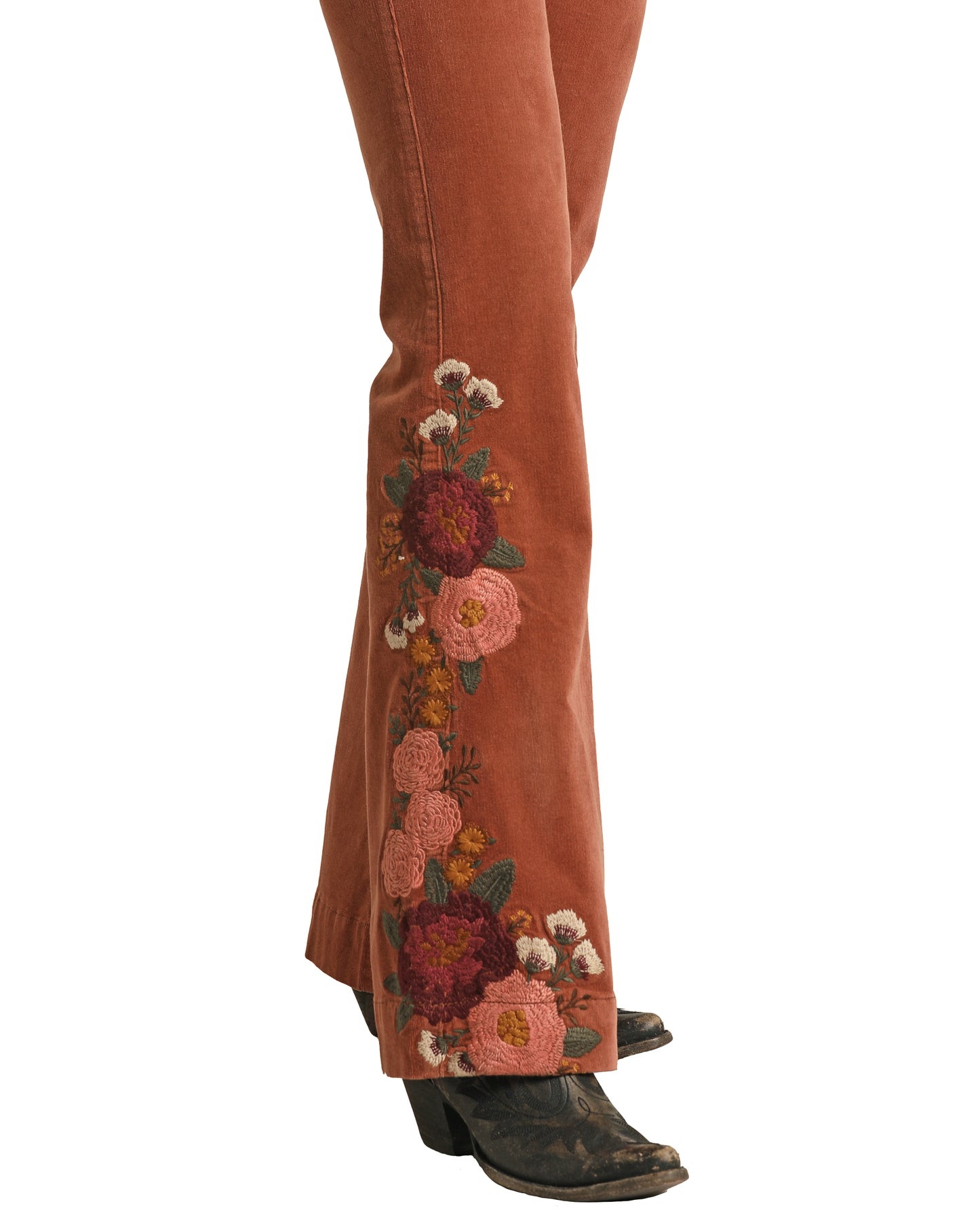 Rock & Roll Cowgirl Women's High Rise Extra Stretch Corduroy Embroidered Trouser Rust