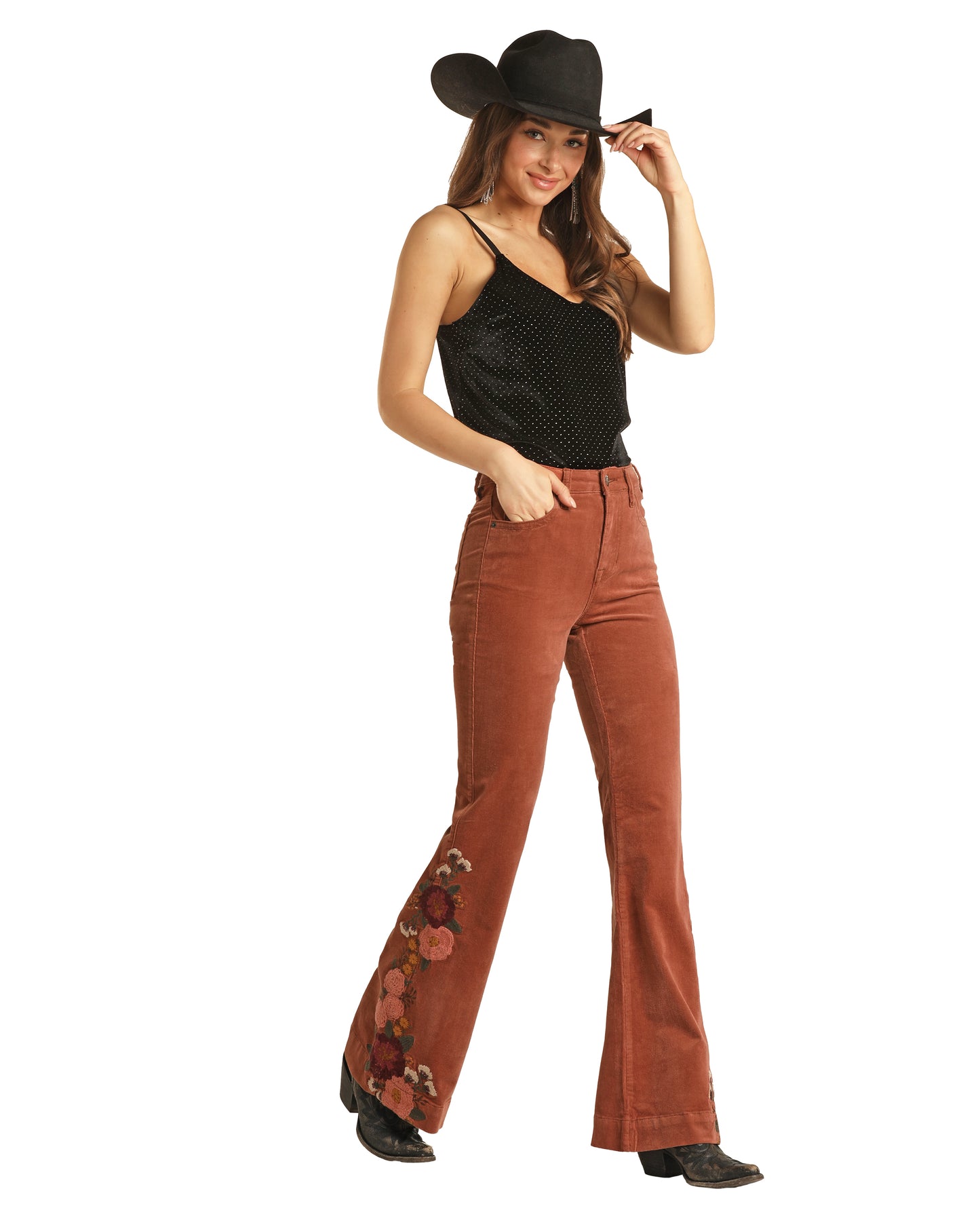 Rock & Roll Cowgirl Women's High Rise Extra Stretch Corduroy Embroidered Trouser Rust