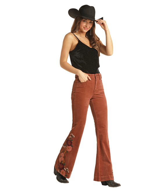 Rock & Roll Cowgirl Women's High Rise Extra Stretch  Corduroy Embroidered Trouser Rust
