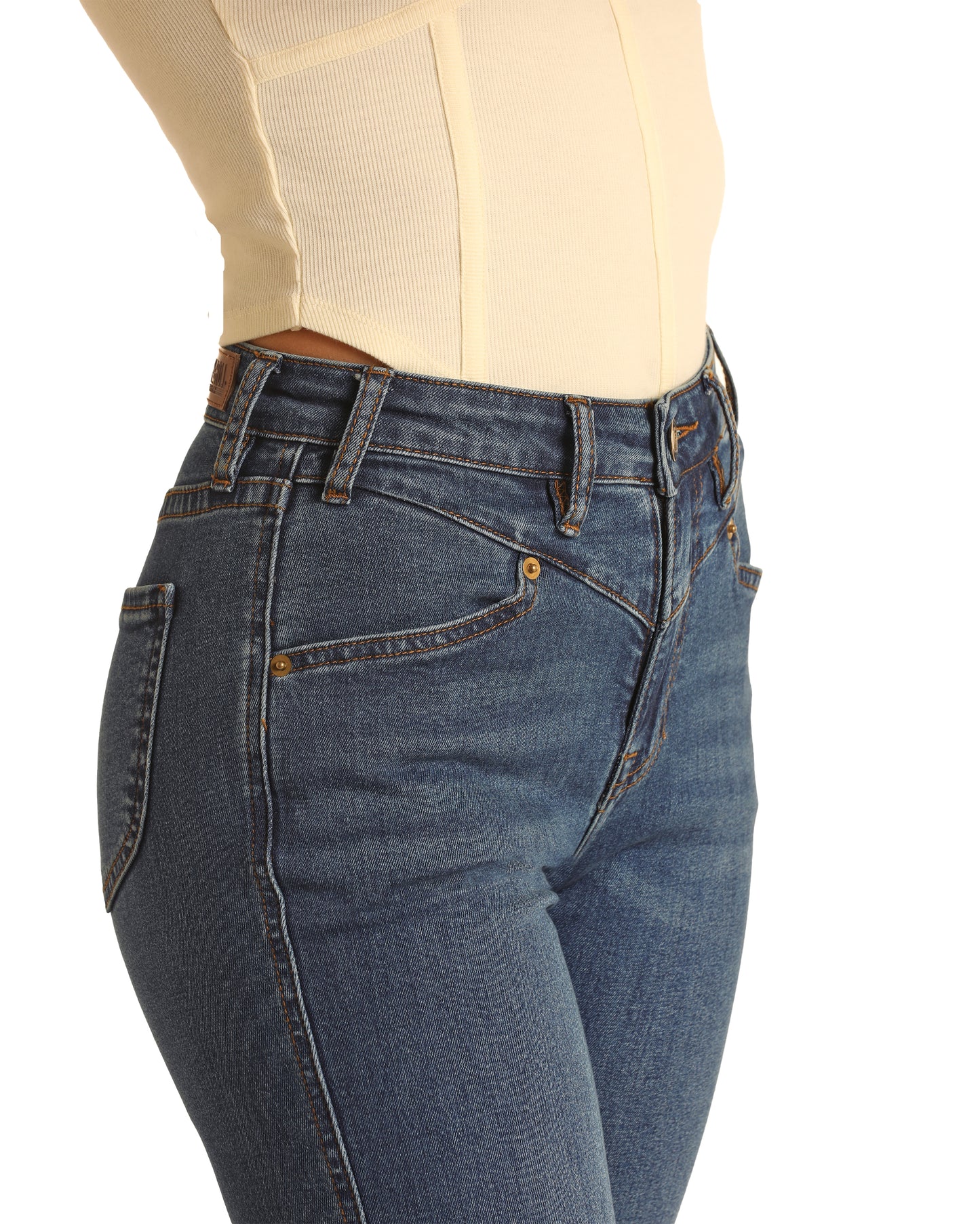 Rock & Roll Cowgirl Women's High Rise Extra Stretch Rounded Back Pocket Trouser Medium Wash