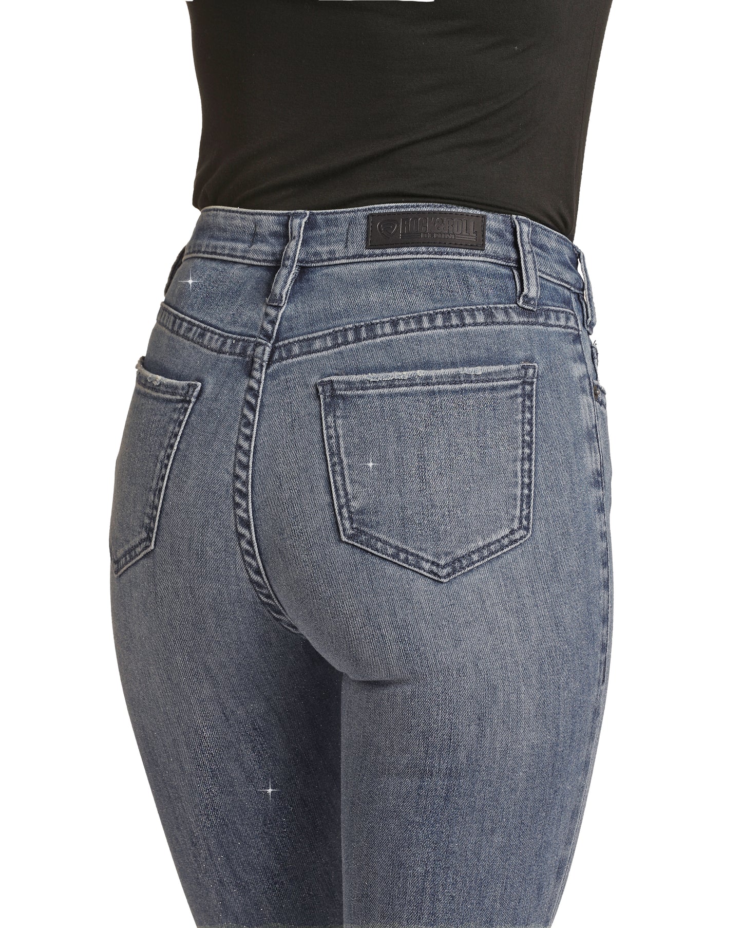 Rock & Roll Cowgirl Women's Extra Stretch Glitery Indigo Jeans Medium Wash