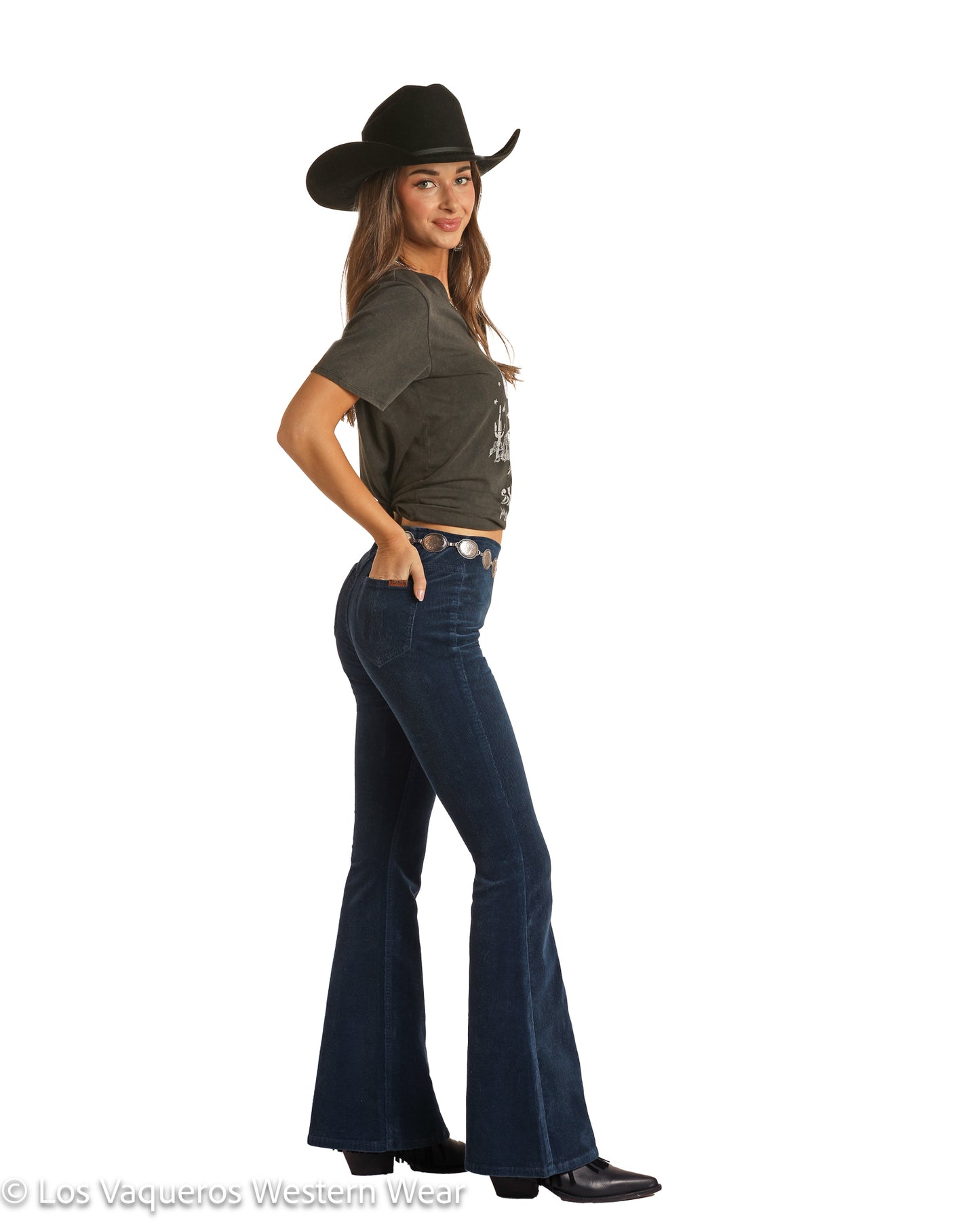Rock & Roll Cowgirl Women's High Rise Extra Stretch Blue Corduroy Bargain Bell Pull On Flare Jeans Navy