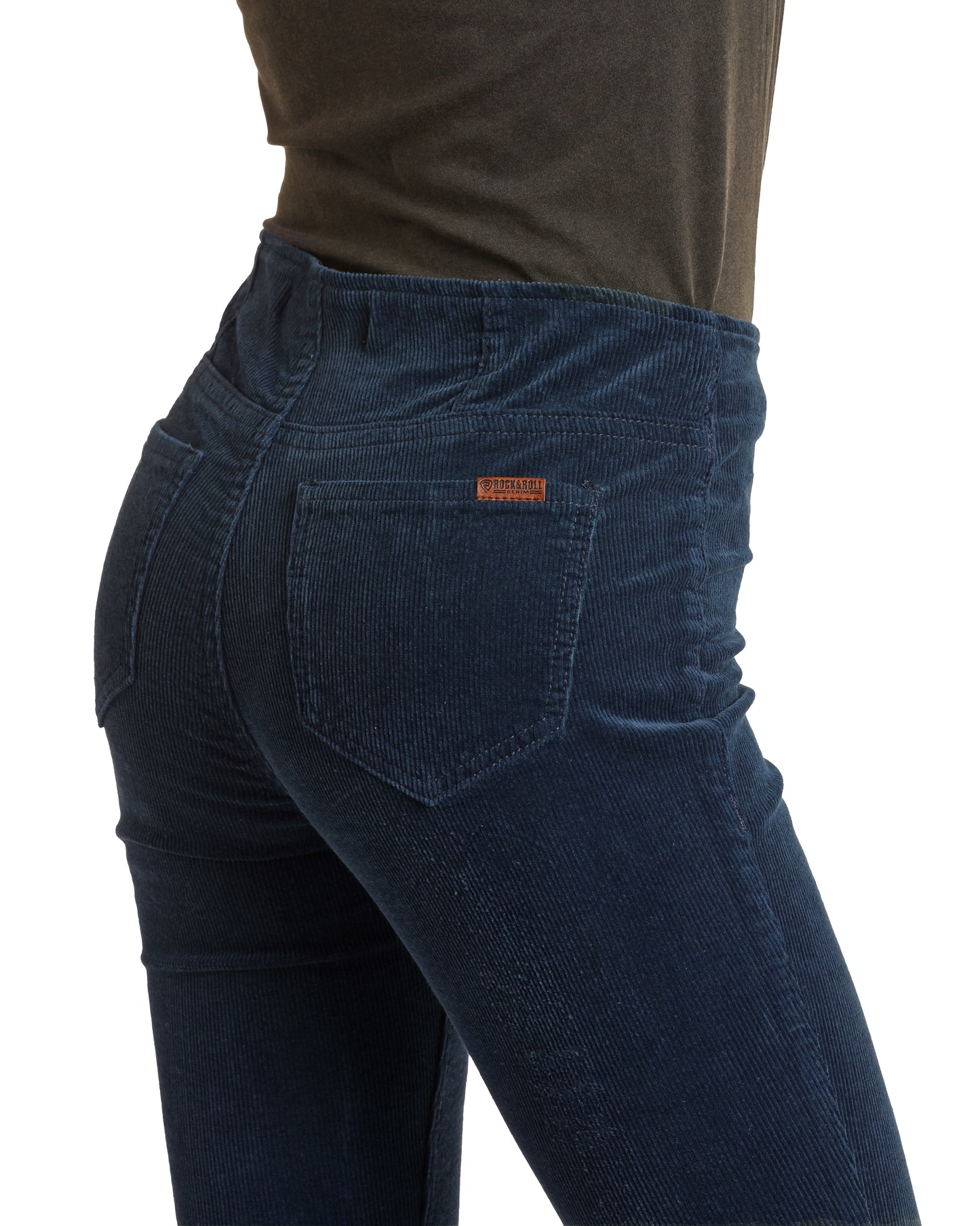 Rock & Roll Cowgirl Women's High Rise Extra Stretch Blue Corduroy Bargain Bell Pull On Flare Jeans Navy