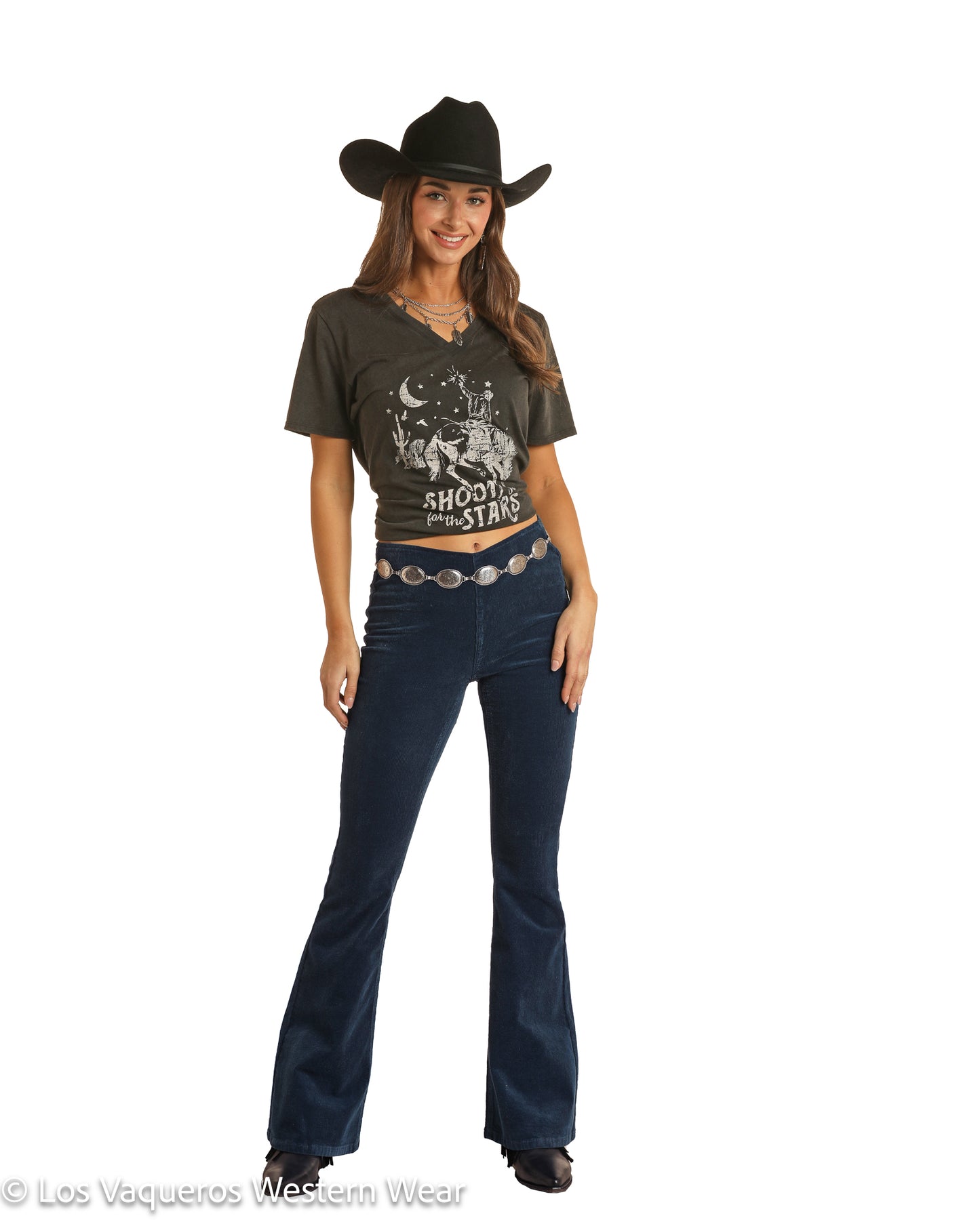 Rock & Roll Cowgirl Women's High Rise Extra Stretch Blue Corduroy Bargain Bell Pull On Flare Jeans Navy