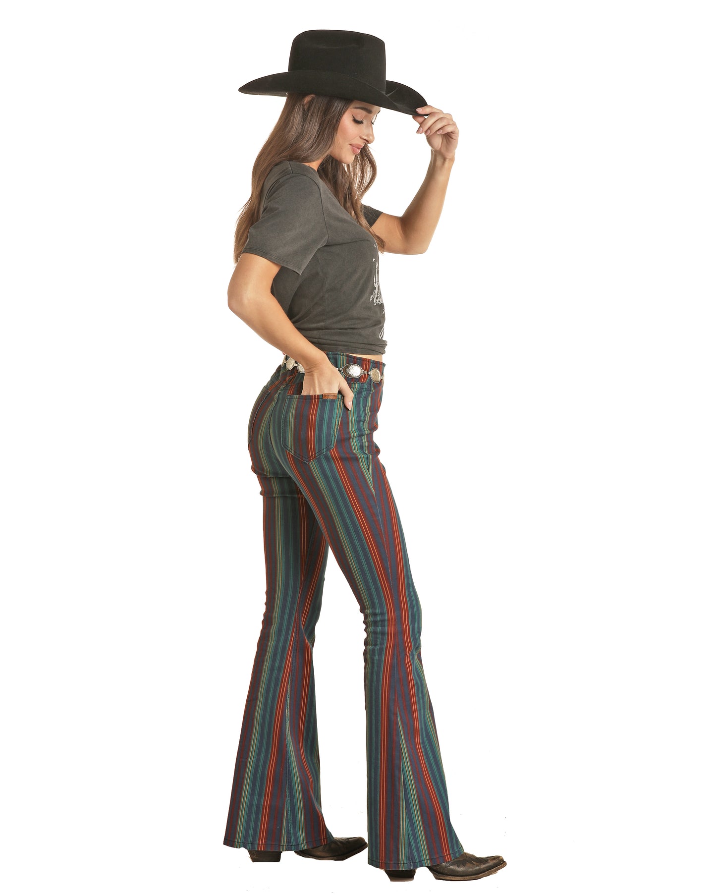 Rock & Roll Cowgirl Women's Extra Stretch Bargain Bell High Rise Green&Burgundy Stripe Pull On Flare Jeans Evergreen