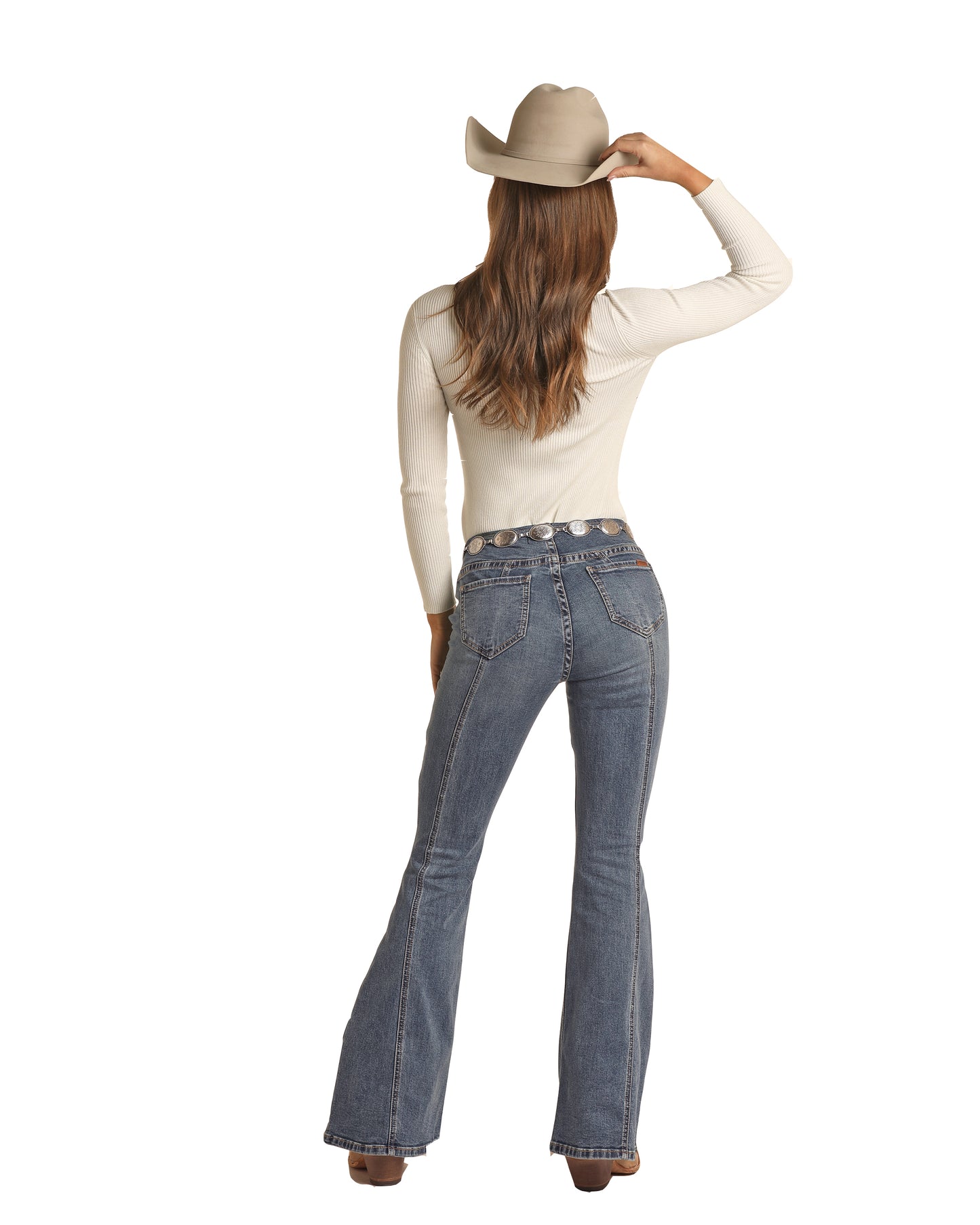 Rock & Roll Cowgirl Women's Extra Stretch Bargain Bell High Rise Pull On Flare Jeans Medium Vintage Wash