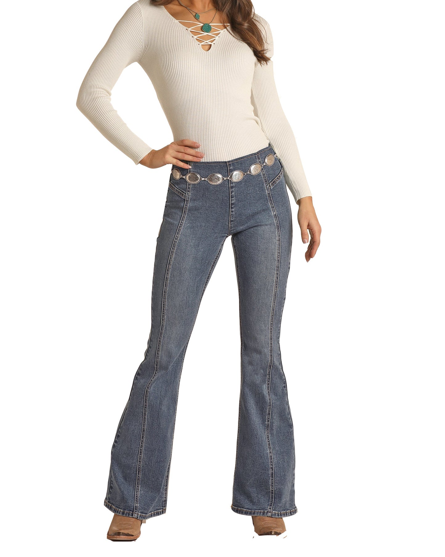 Rock & Roll Cowgirl Women's Extra Stretch Bargain Bell High Rise Pull On Flare Jeans Medium Vintage Wash