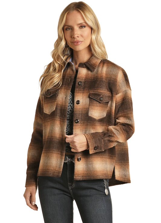 Rock & Roll Cowgirl Women's Shirt Jacket With Fringe Dark Brown