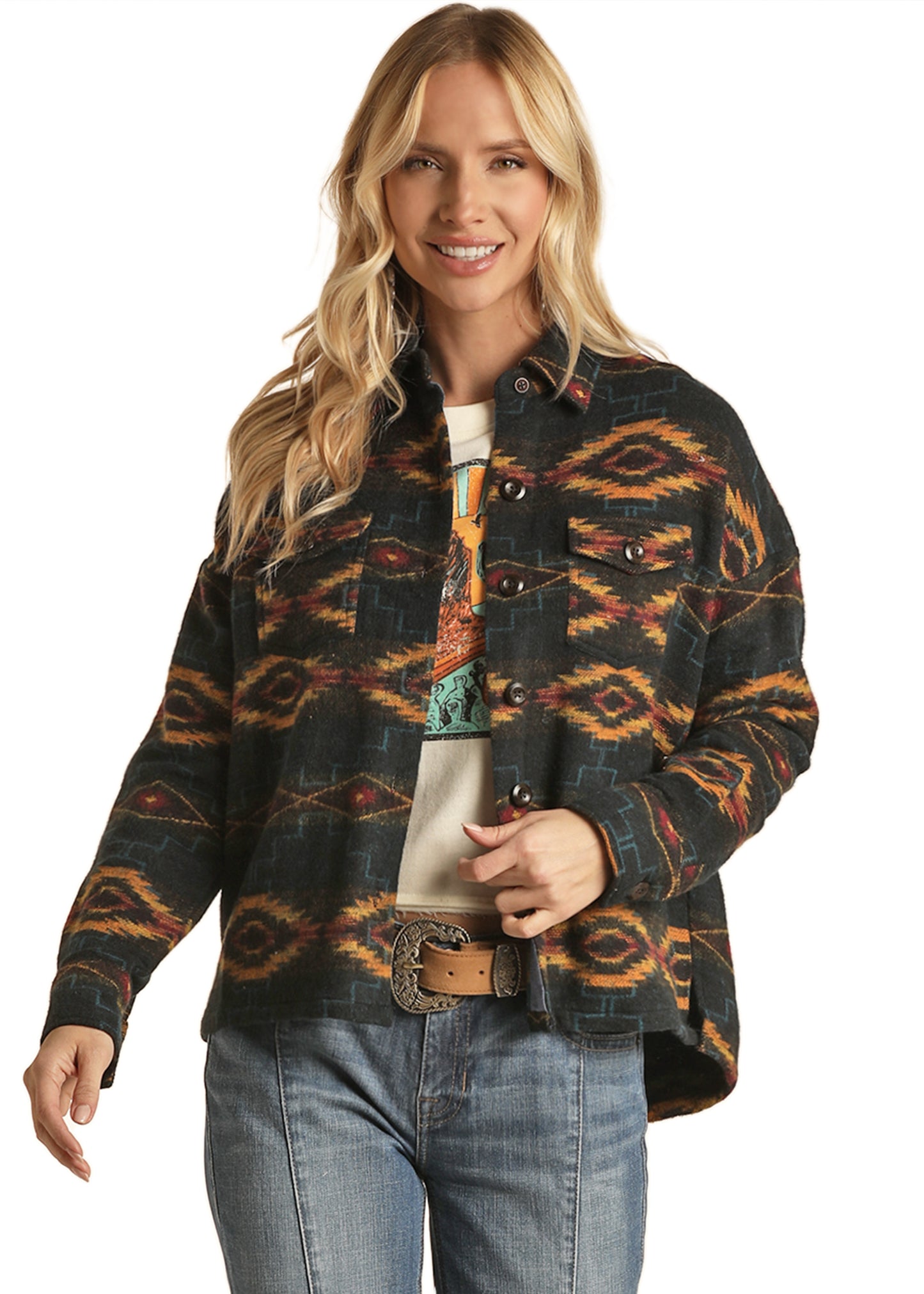 Rock & Roll Cowgirl Women's Boxy Fit Shirt Jacket Black