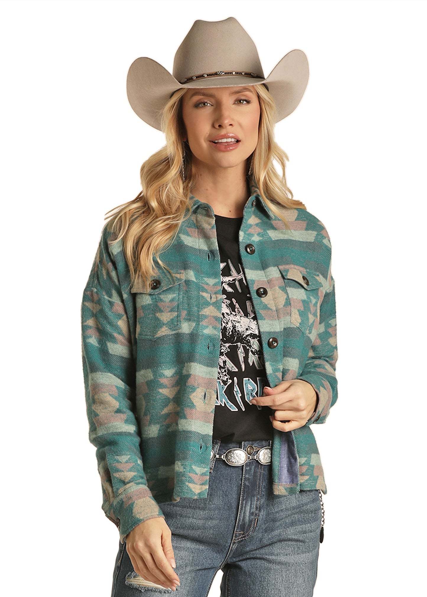 Rock & Roll Cowgirl Women's Boxy Fit Shirt Jacket Teal