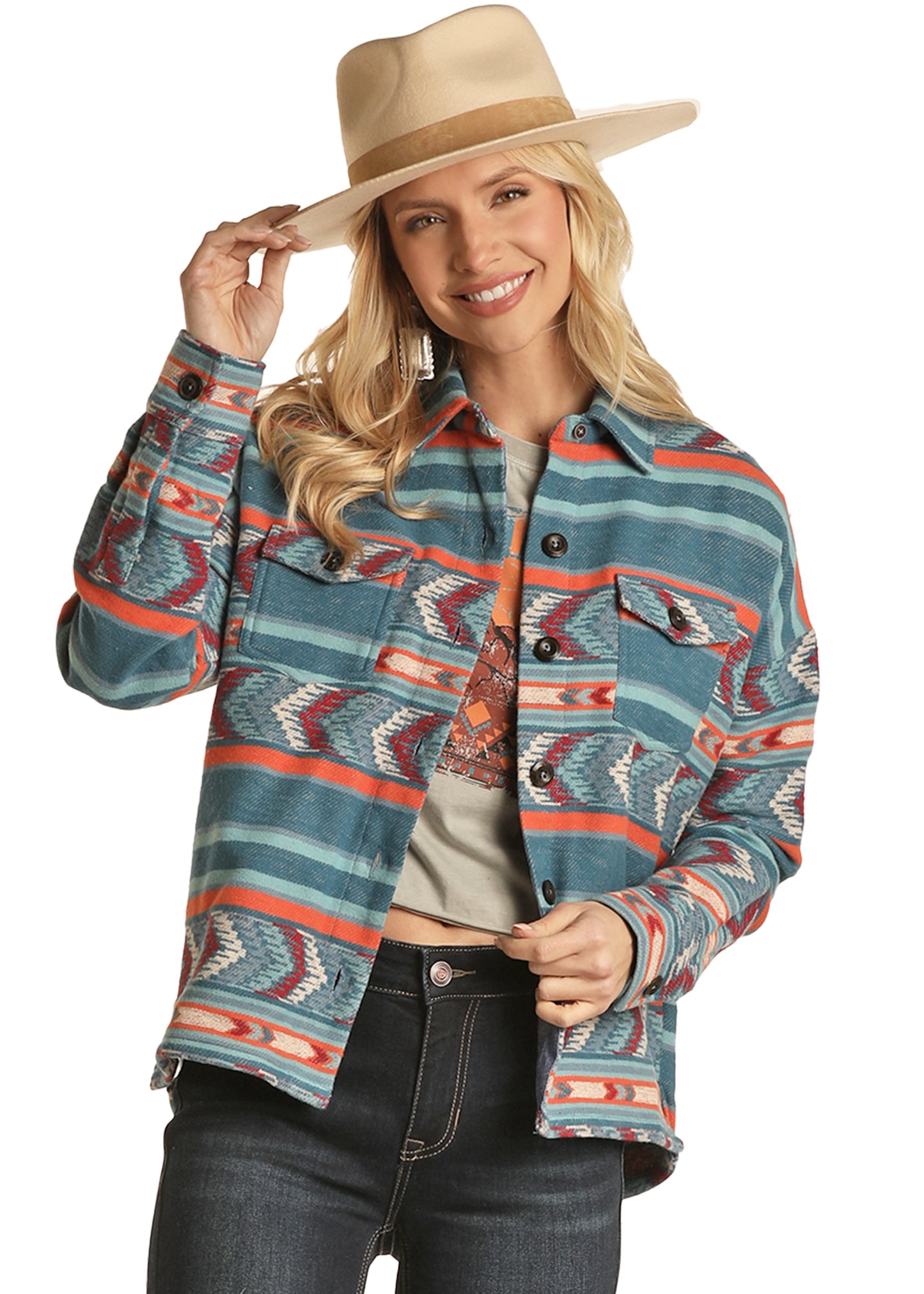 Rock & Roll Cowgirl Women's Boxy Fit Shirt Jacket Blue