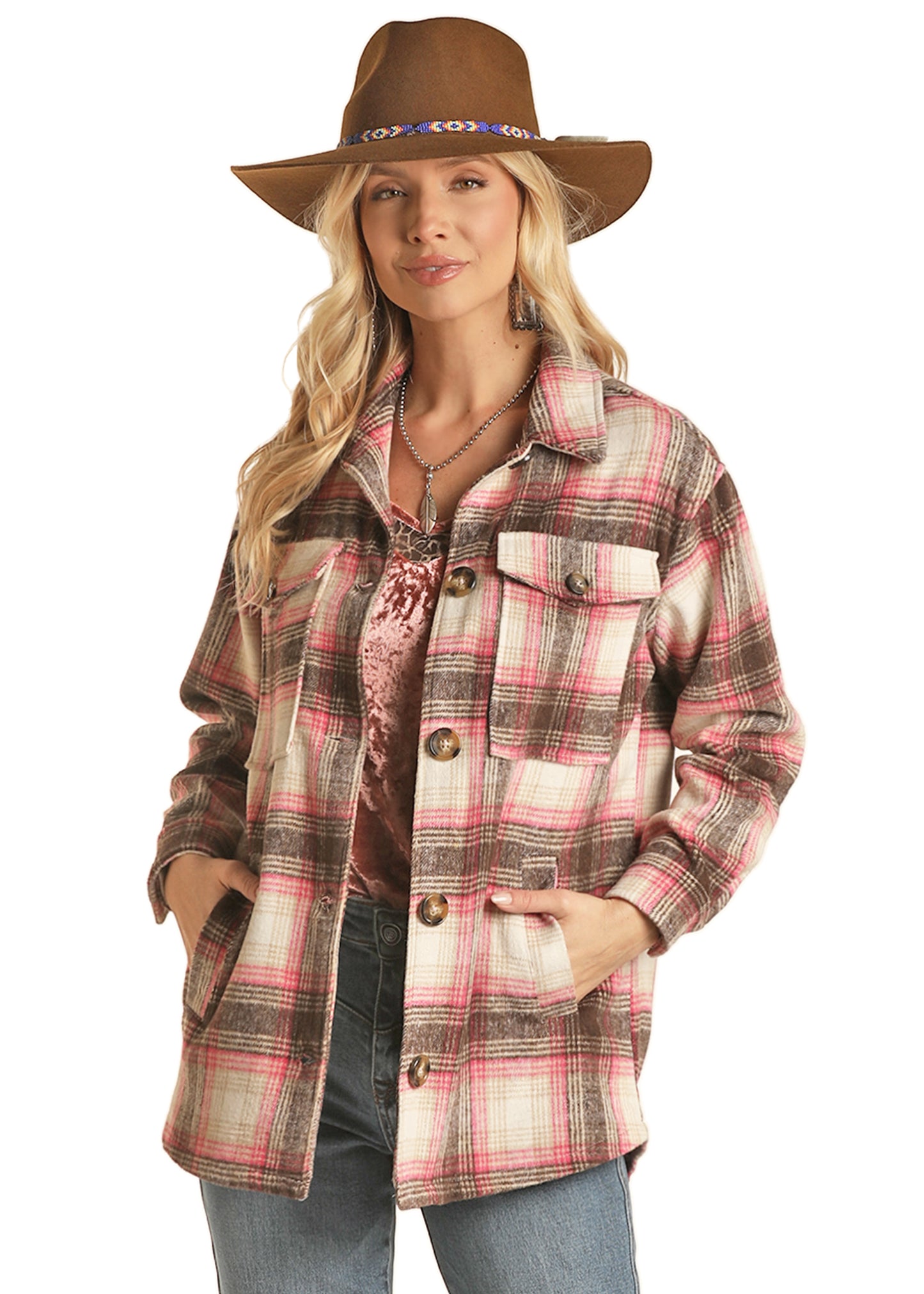 Rock & Roll Cowgirl Women's Buttoned Plaid Coat Jacket Natural