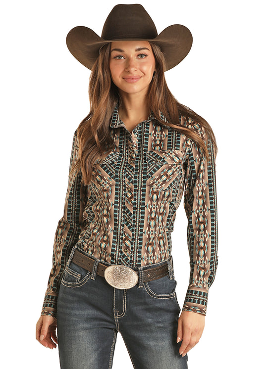 Rock & Roll Cowgirl Women's Shared Core Long Sleeve Snap Shirt Teal