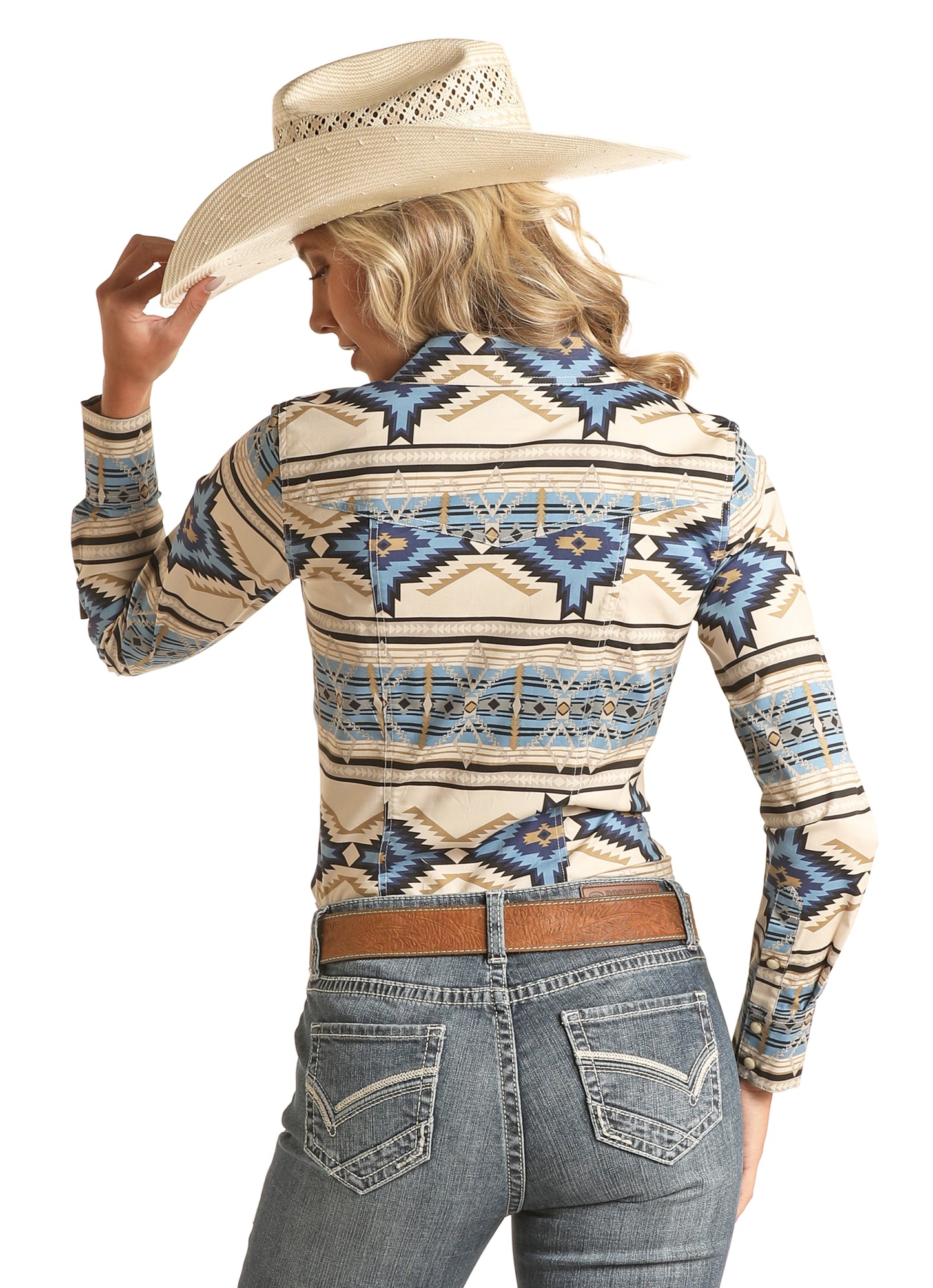 Rock & Roll Cowgirl Women's Aztec Print Long Sleeve Snap Shirt Blue