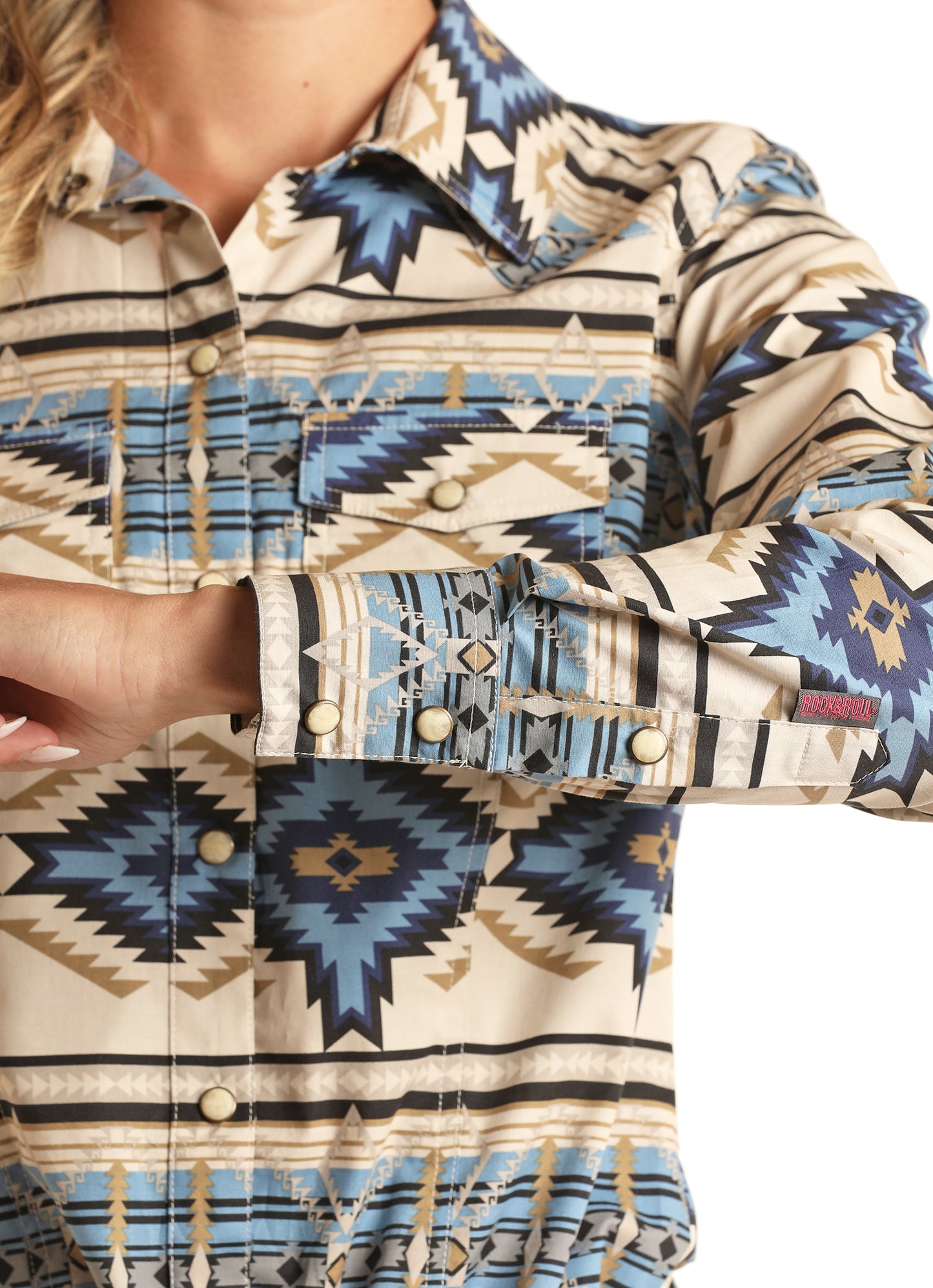 Rock & Roll Cowgirl Women's Aztec Print Long Sleeve Snap Shirt Blue