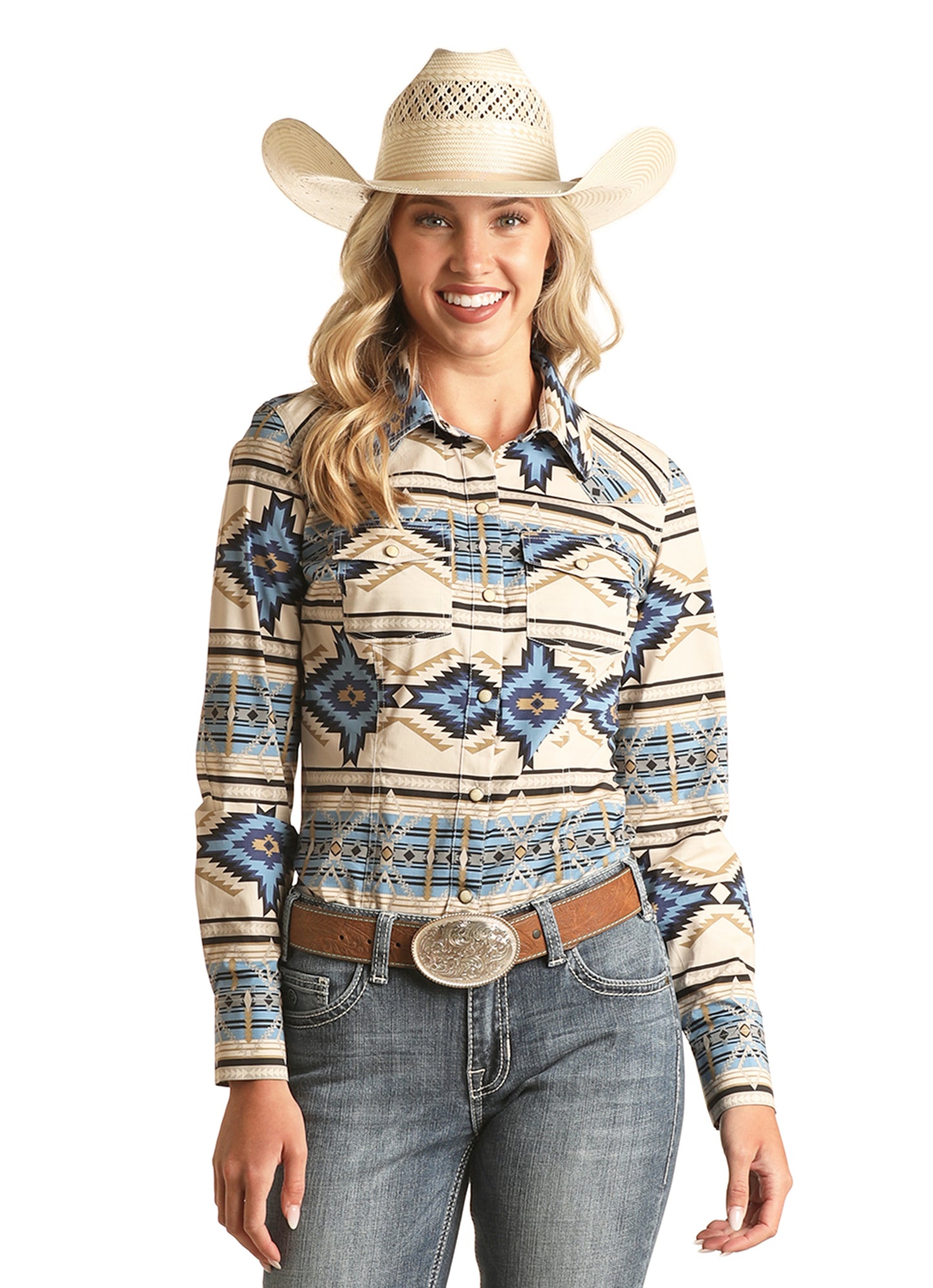 Rock & Roll Cowgirl Women's Aztec Print Long Sleeve Snap Shirt Blue