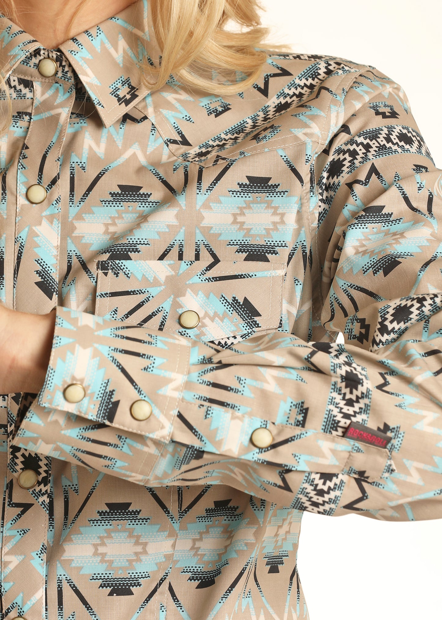 Rock & Roll Cowgirl Women's Aztec Print Long Sleeve Snap Shirt Teal