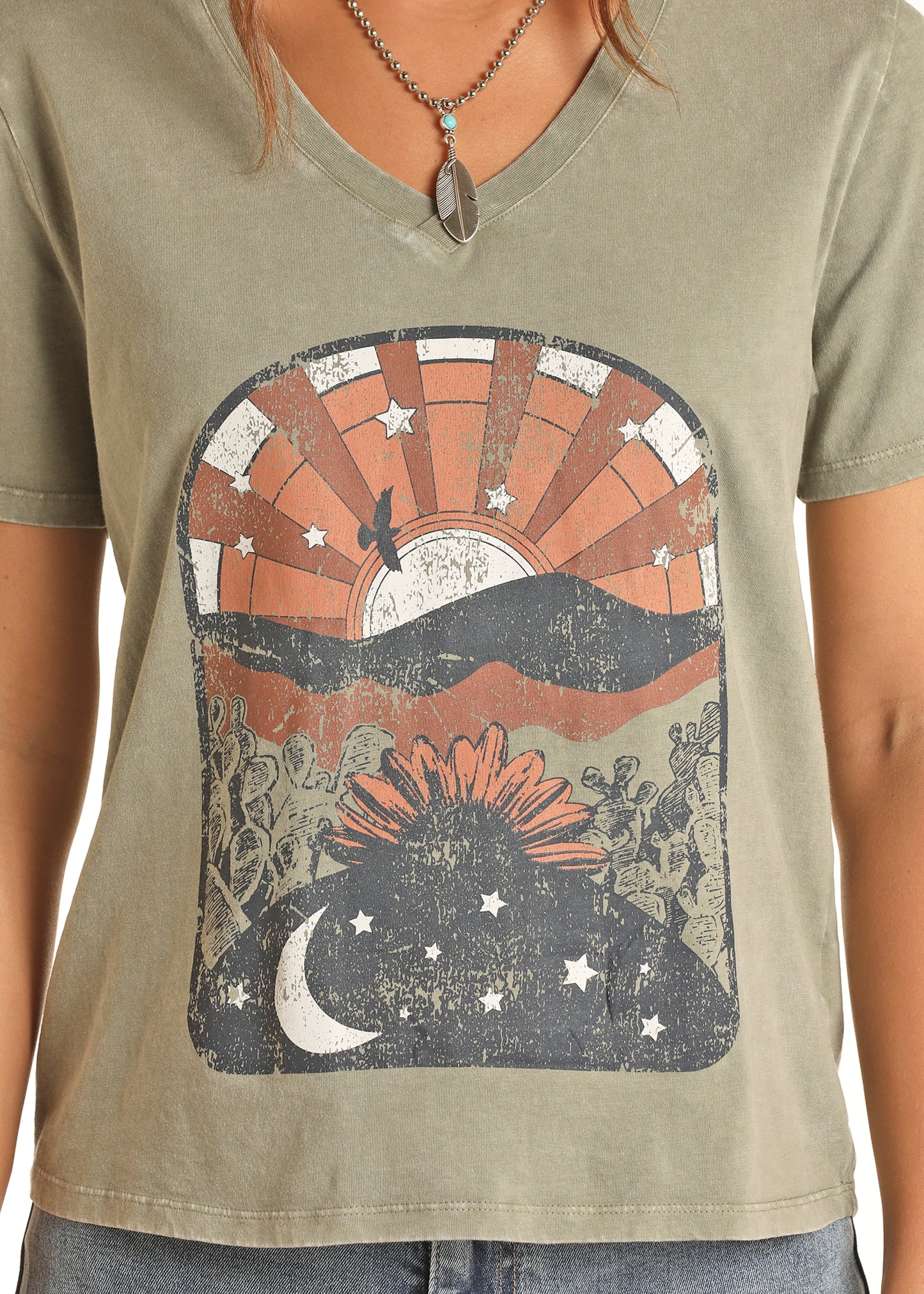 Rock & Roll Cowgirl Women's Scenery Graphic Tee Olive