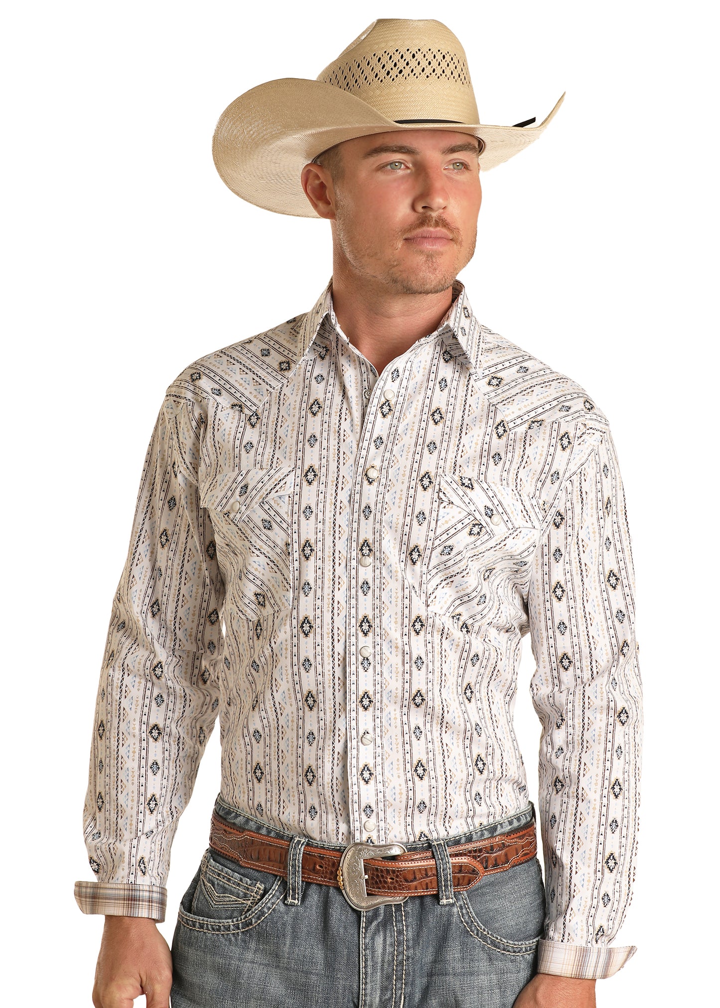 Rock & Roll Panhandle Rough Stock Men's 2 Pocket Long Sleeve Snap Shirt Brown
