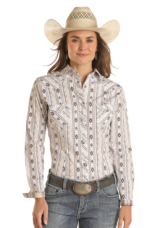 Rock & Roll Panhandle Women's Distressed Aztec Print Long Sleeve Snap Shirt Brown