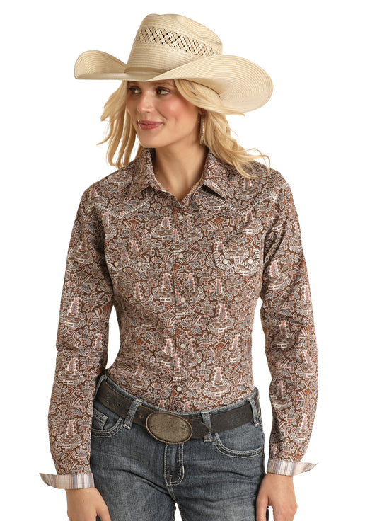 Rock & Roll Panhandle Women's Tribal Aztec Print Long Sleeve Snap Shirt Brown