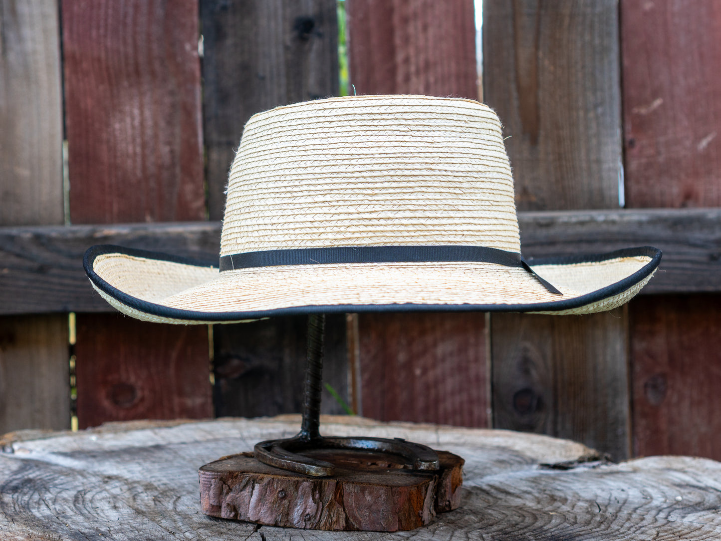 SunBody Hats Guatemala Reata Crease Bound Edge Black Palm Leaf Hat Regular Crown Tan