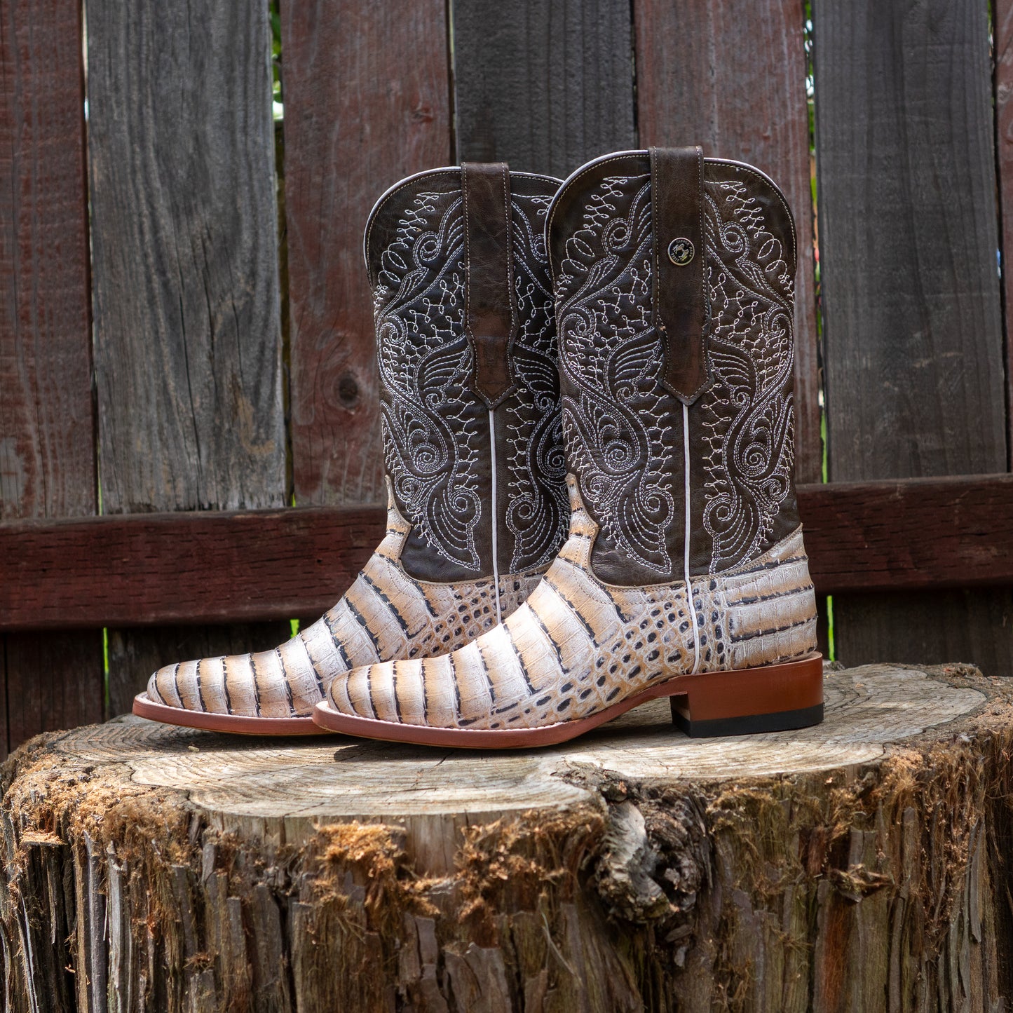 Tanner Mark Boots Men's Print Caiman Belly Natural With Montalvo Grey Top Boots TM205569 Natural