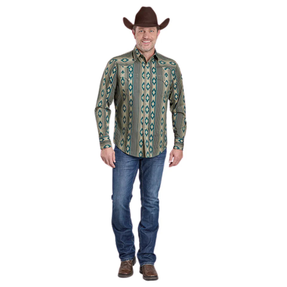 Roper Men's Long Sleeve Snap Navajo Stripes Print Blue Western Shirt