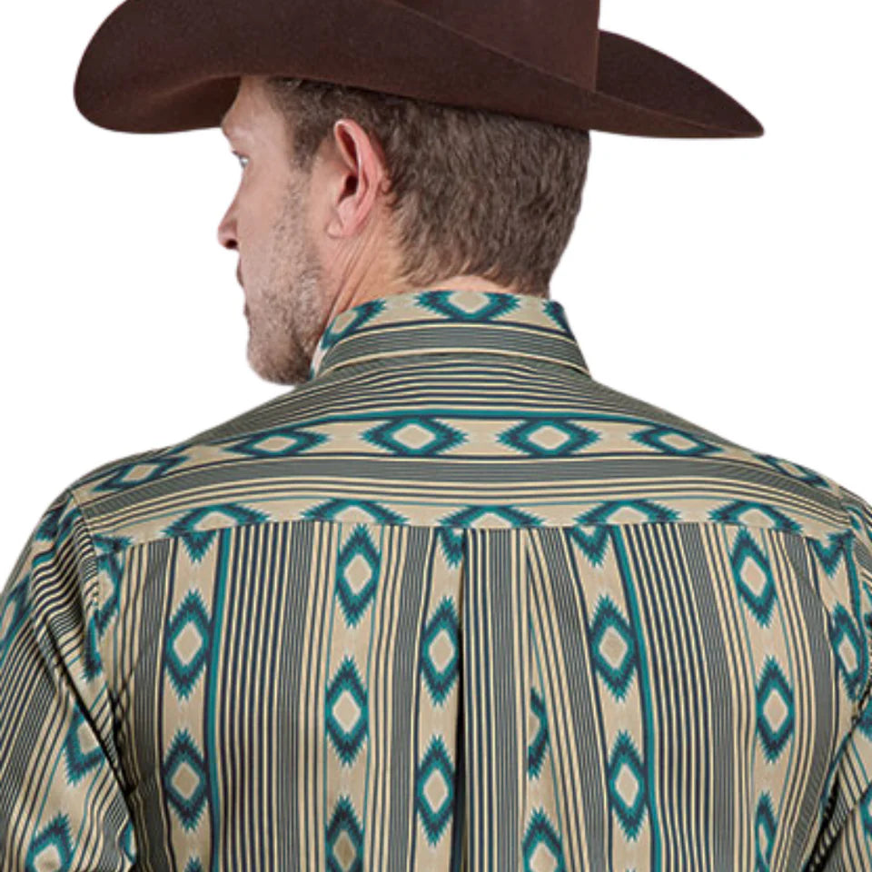 Roper Men's Long Sleeve Snap Navajo Stripes Print Blue Western Shirt