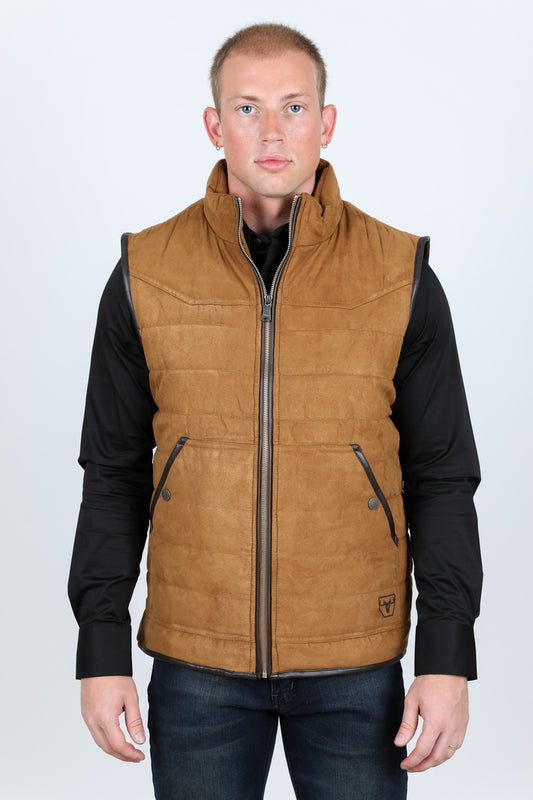 Platini Men's Fur Lined Quilted Faux Suede Vest - Caramel