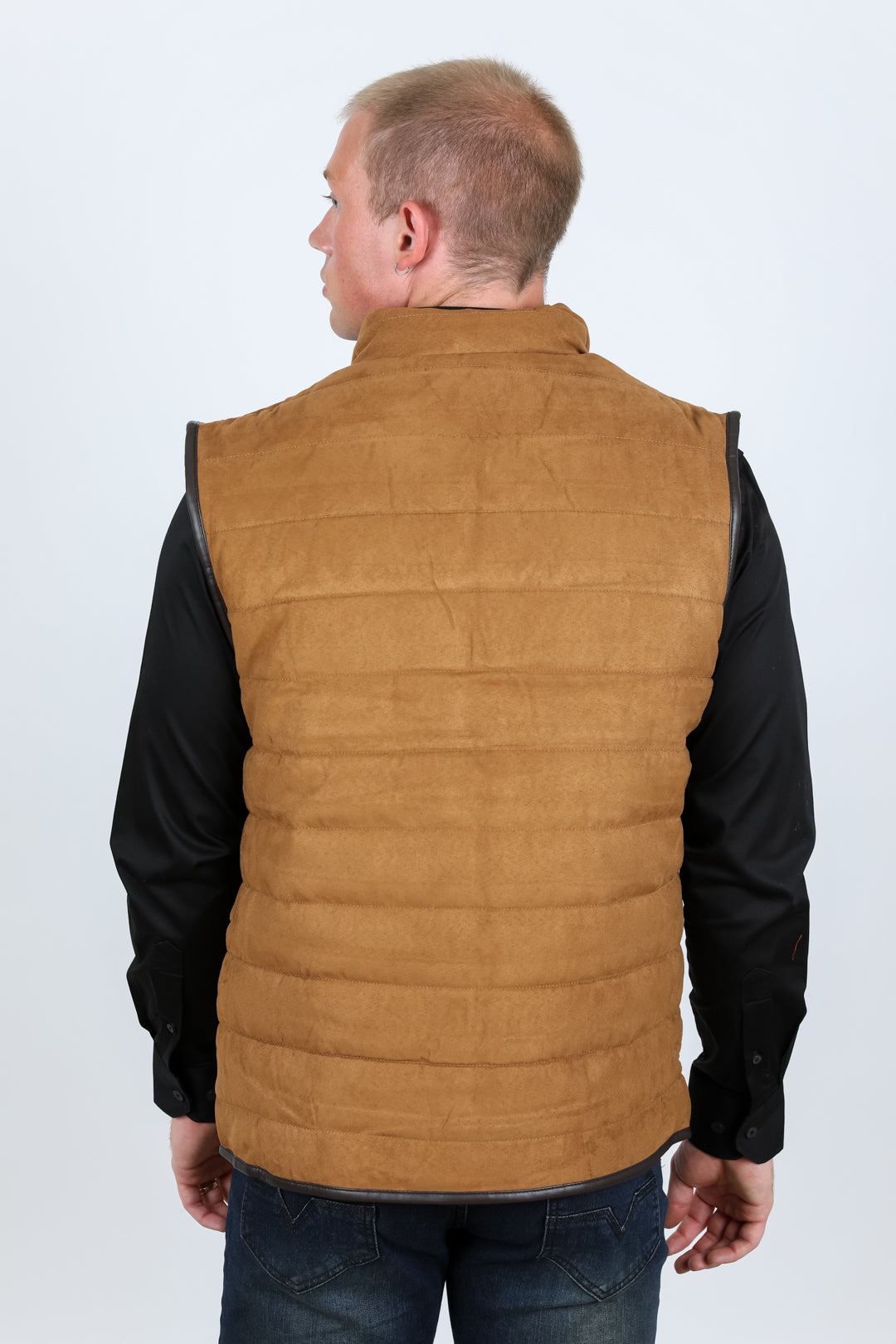 Platini Men's Fur Lined Quilted Faux Suede Vest - Caramel