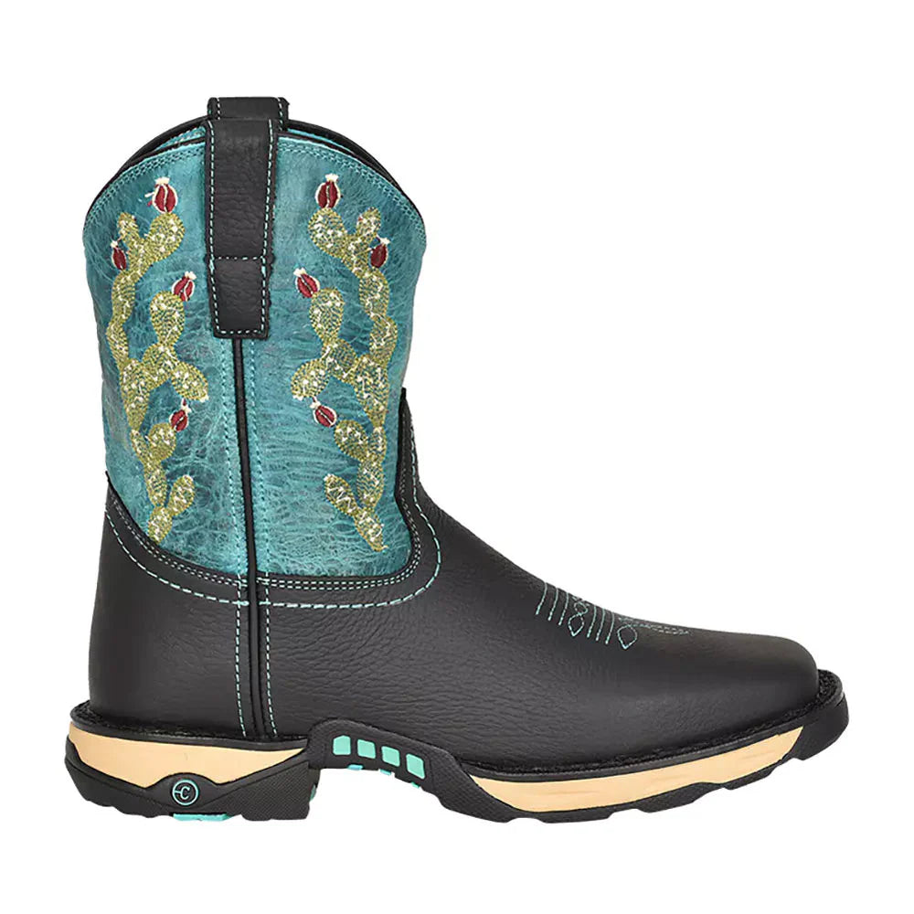 Corral Boots Ladies Farm And Ranch Dual Density Sole Square Toe Hydro Resist Boot Black/Turquoise Top Cactus